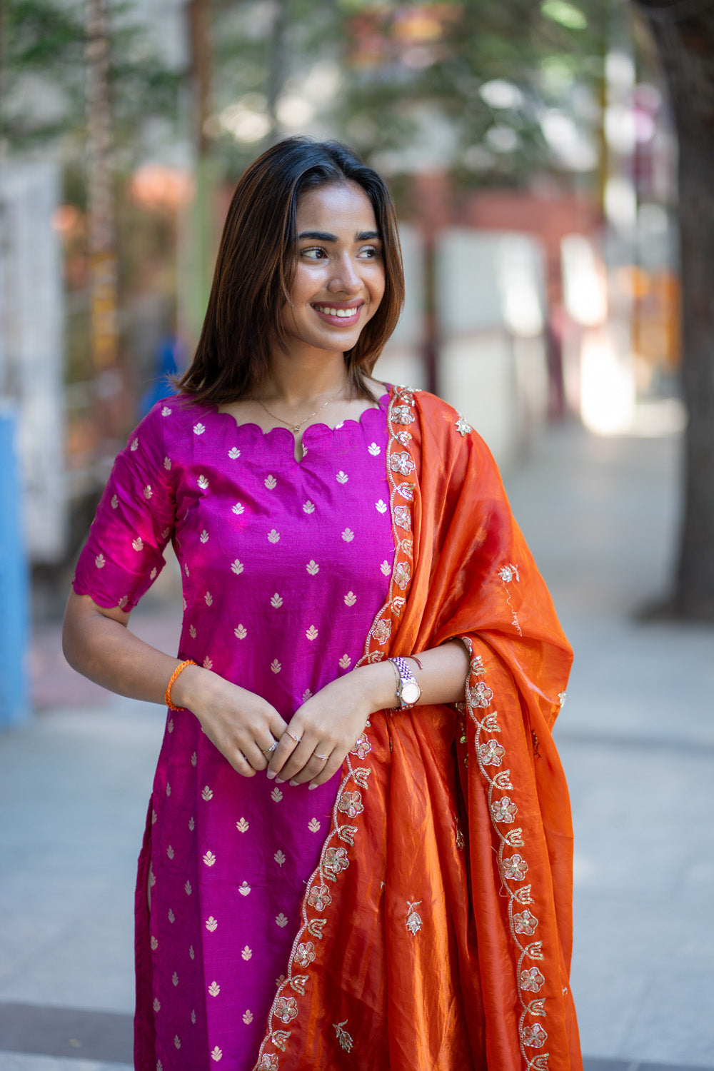 AA264 Pink Banarasi Silk Kurti with Rust Orange Silk Dupatta