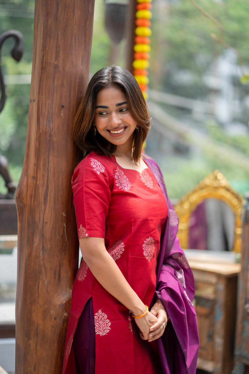 AA310 Red with Violet Combo Silk Cotton Salwar Set(with Silver Jari Design)(provided lining for top & pant)