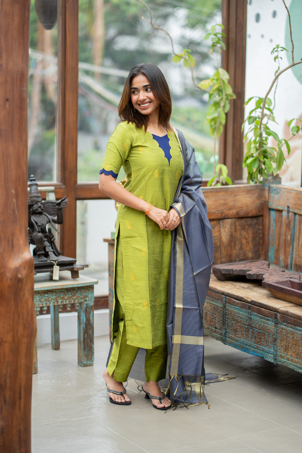 Parrot Green Raw Silk Kurti & Pant with Golden Floral Motifs Paired with Blue Zari Checks Dupatta(Neck & Sleeve patched with Blue semi raw Silk Fabric)