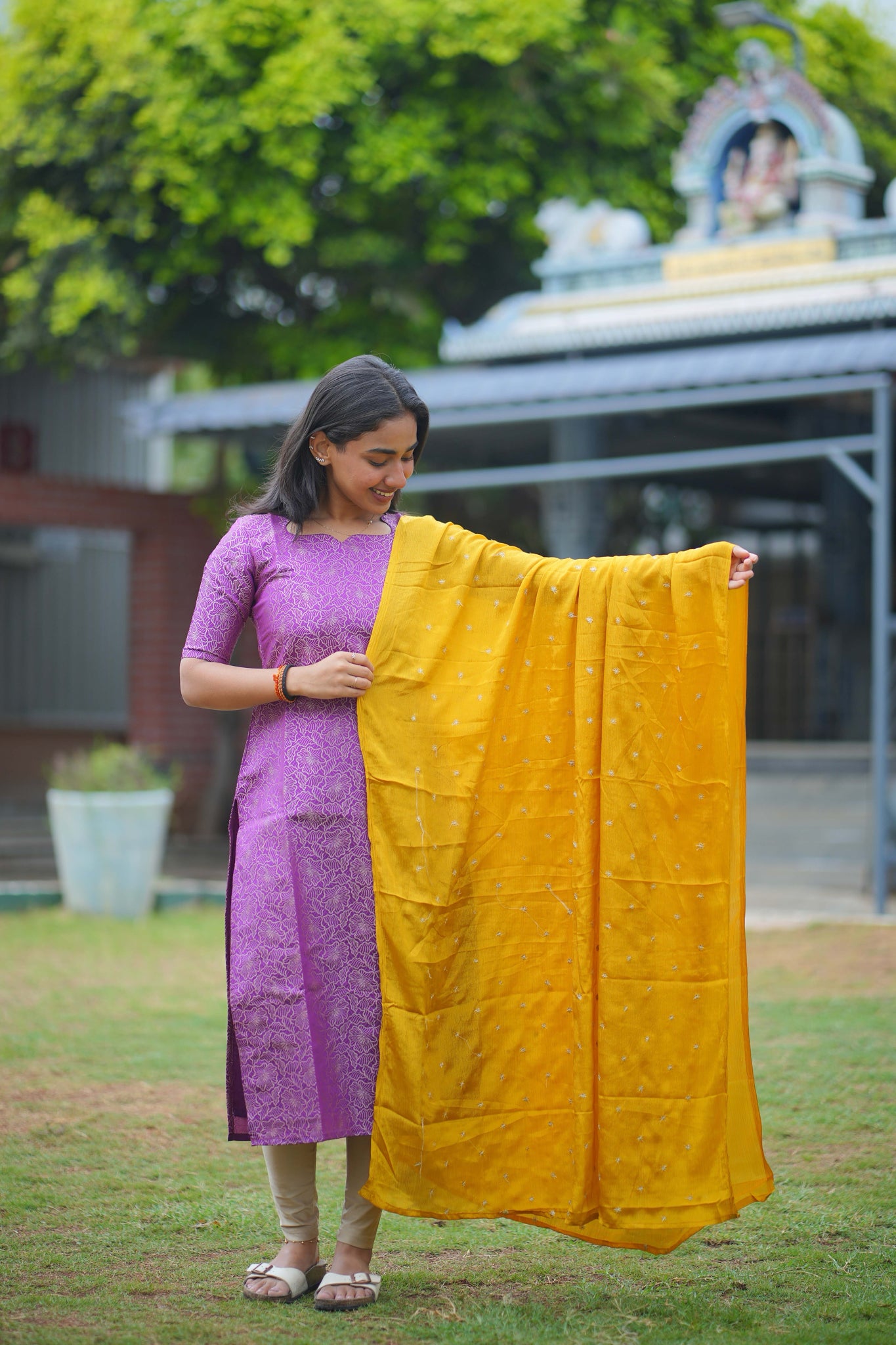 AA115 Purple Art Silk Kurti with Yellow golden Motifs Dupatta