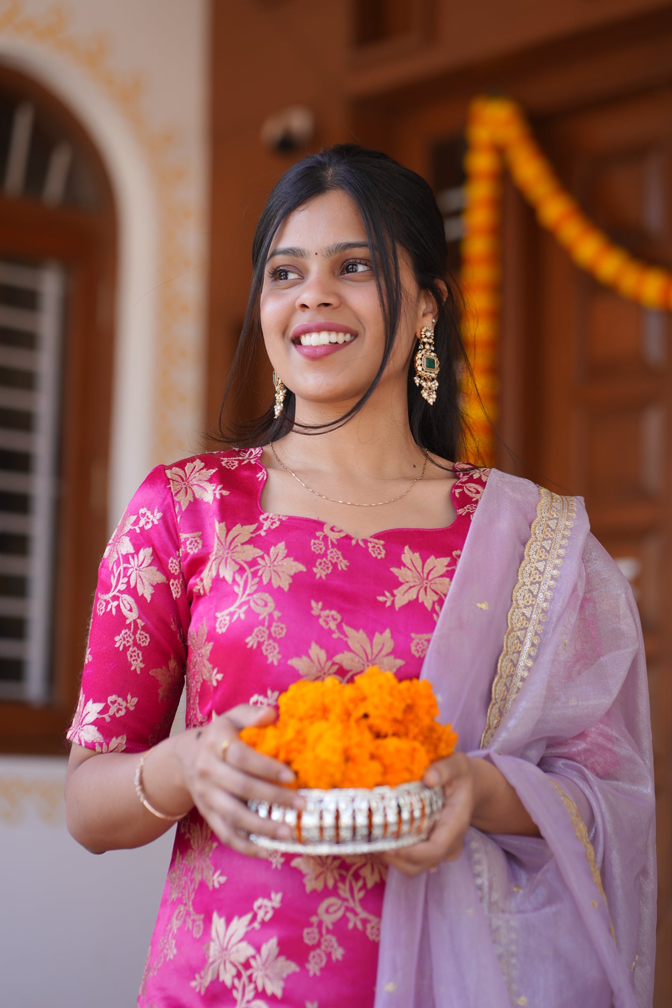 AA155 Bright Pink Brocade Silk Kurti & Pant with Lavender Organza Sequence Dupatta(3 Pc Set)