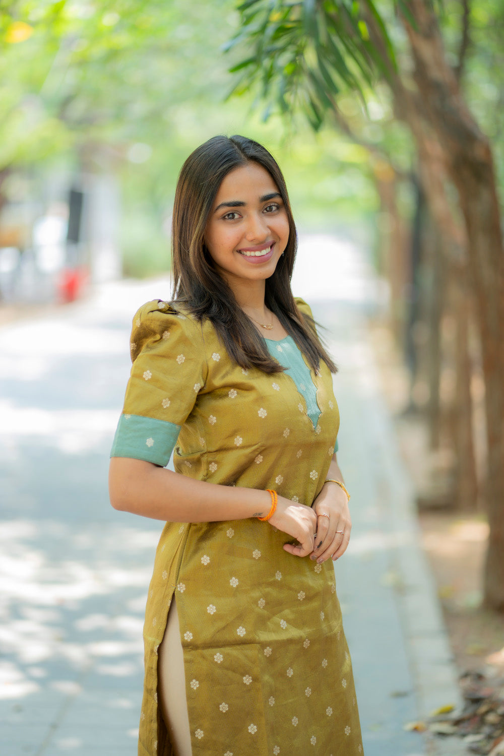 AA181A Mustard with Teal Blue Combo Shimmer Silk Kurti(Warning:Don’t Iron Directly)