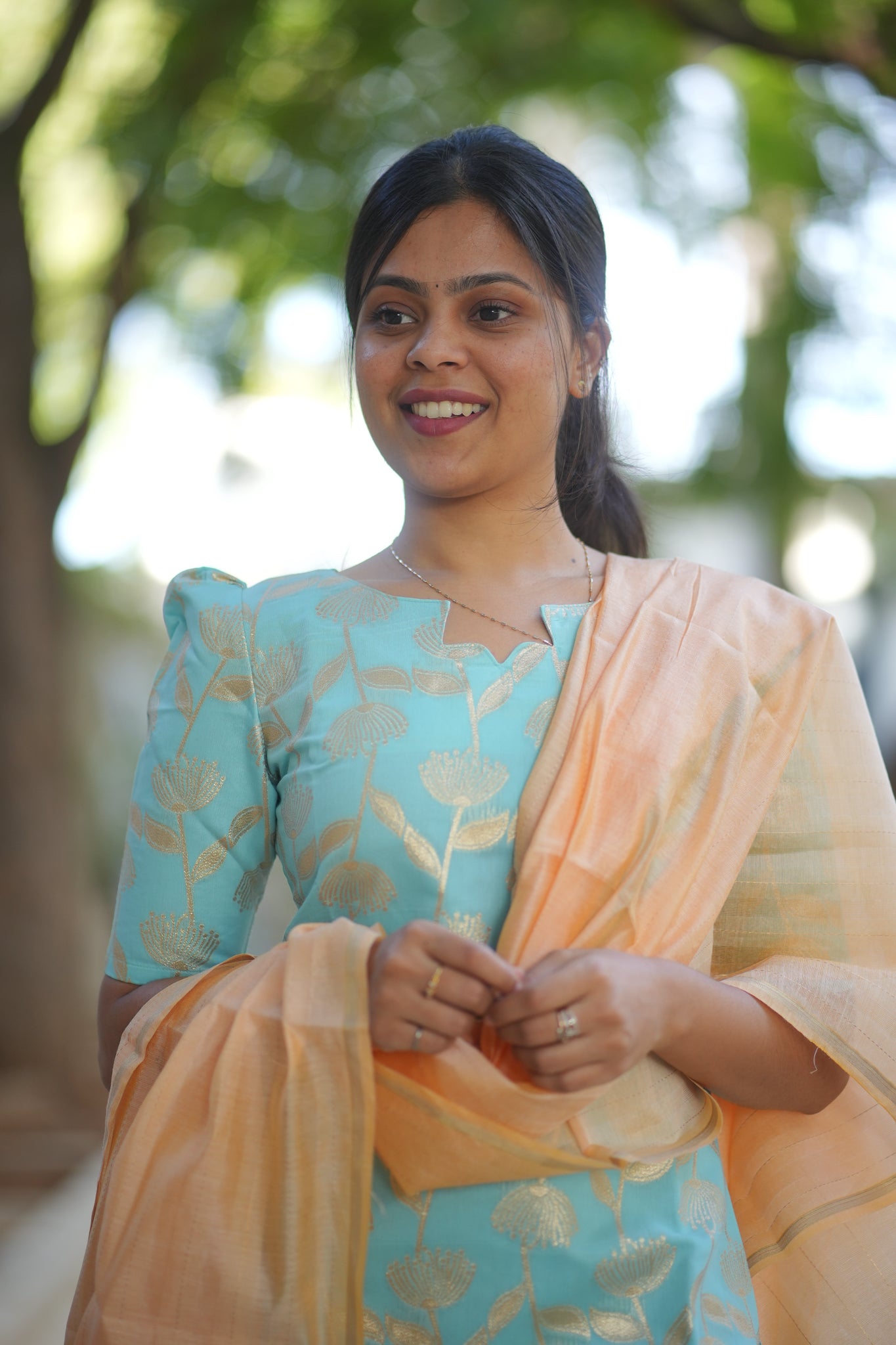 AA109 Blue with Peach Silk Kurti with Dupatta