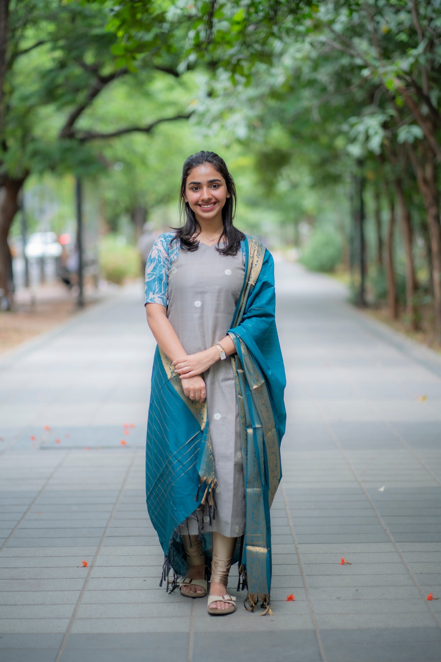 AA072 Grey Raw Silk Top with Peacock Blue Dupatta