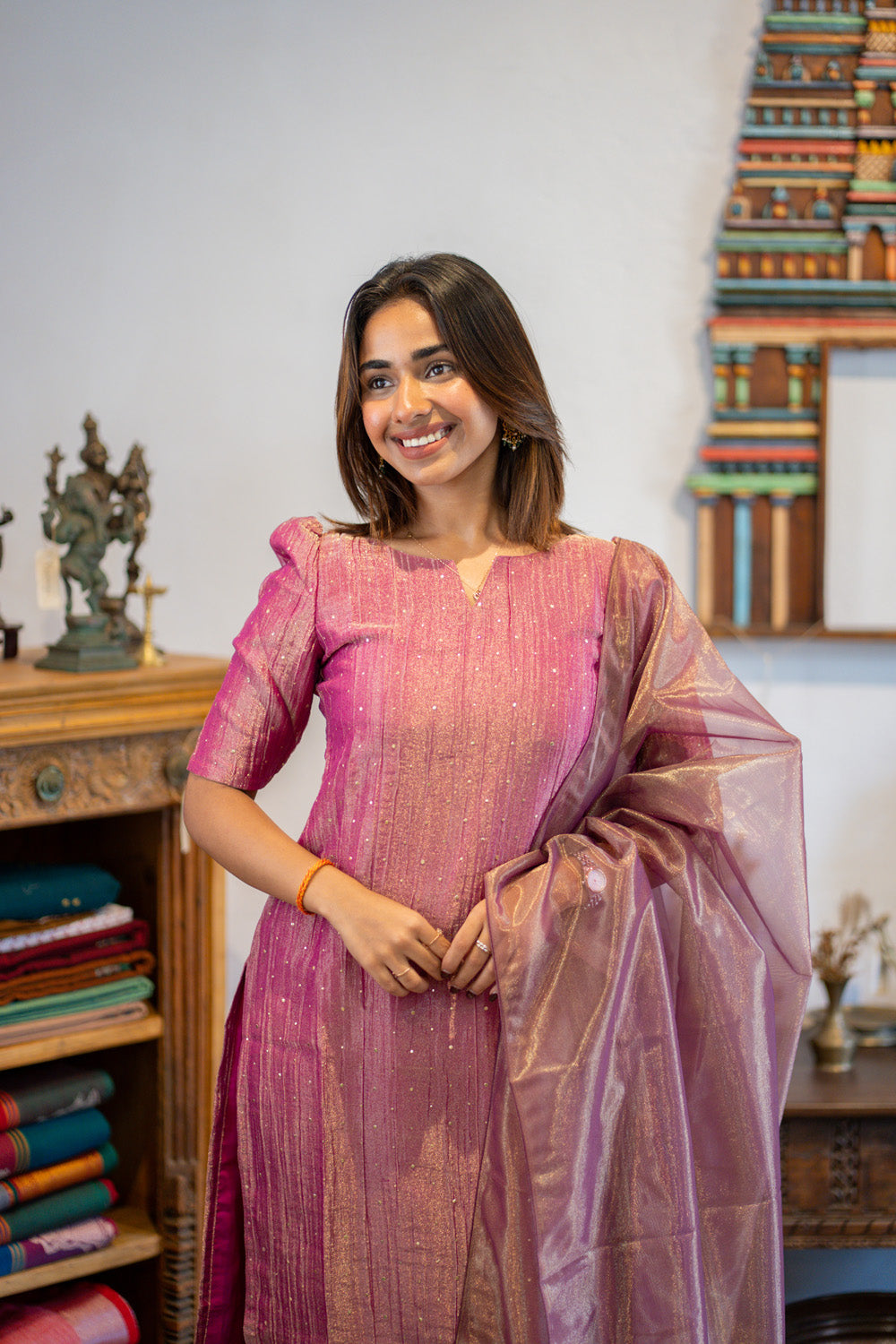 AA303 Purplish Pink Crush Silk Salwar Set with Shiny Tissue Silk Dupatta(crepe Lining)