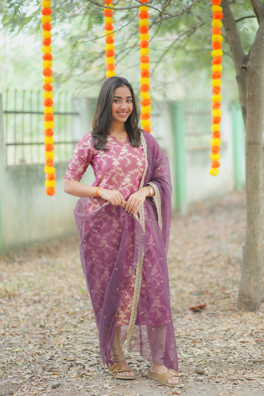 AA162  Wine with Golden Floral Zari Weaving Tissue Silk Kurti with Organza Sequence Dupatta