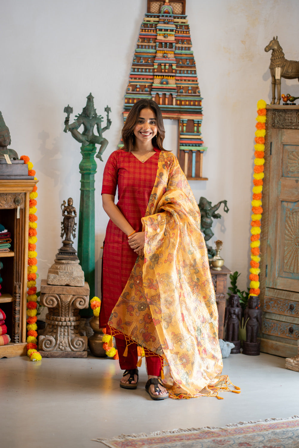 AA308 Red Triple Checks Pure Raw Silk Kurti & pant with Yellow Crush silk Organza Dupatta with Mirror work & floral Penkalamkari prints
