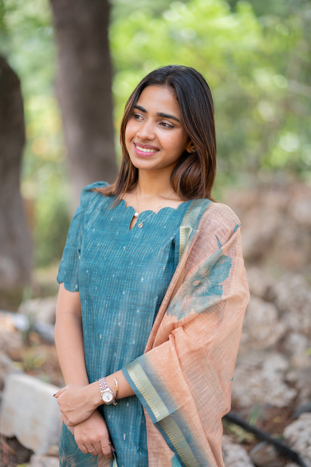 AA297 Teal Blue Chanderi Tissue Silk With Stripes & Golden Motifs Kurti with Dupatta