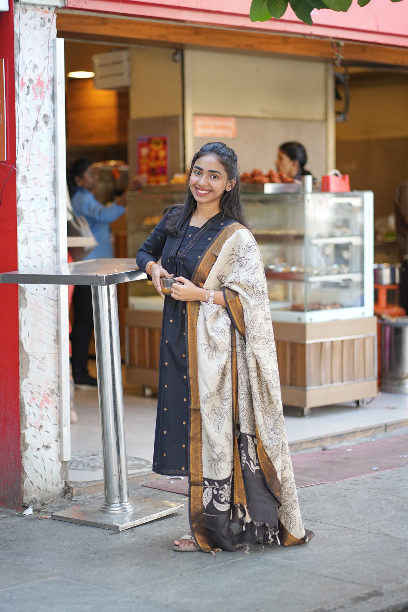 AA134 Stunning Black Raw Silk Kurti with Pant & Kalamkari Dupatta (3 PC Set )