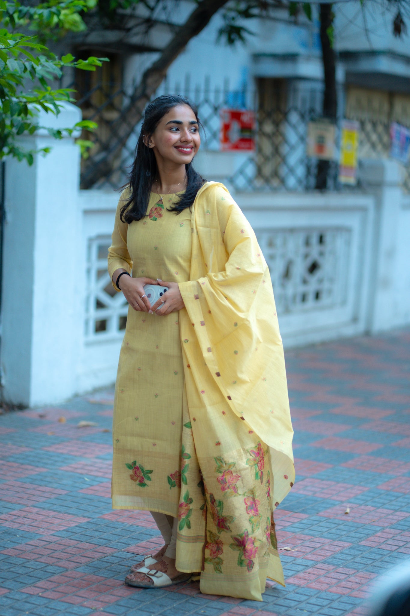 AA133 Yellow Floral Jamdani Silk Kurti with Dupatta