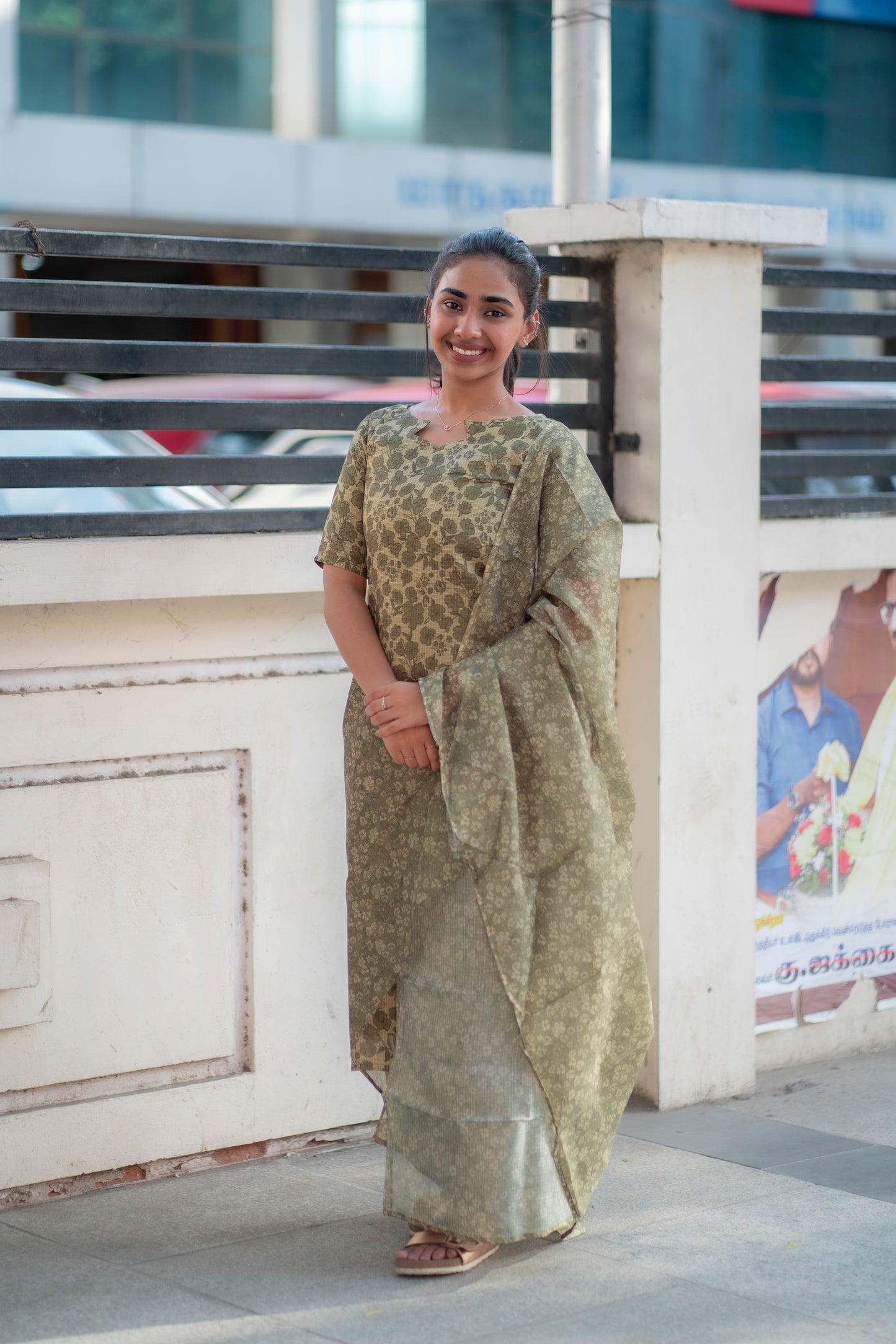 AA092 Green Floral Kota Kurti with Kota Dupatta