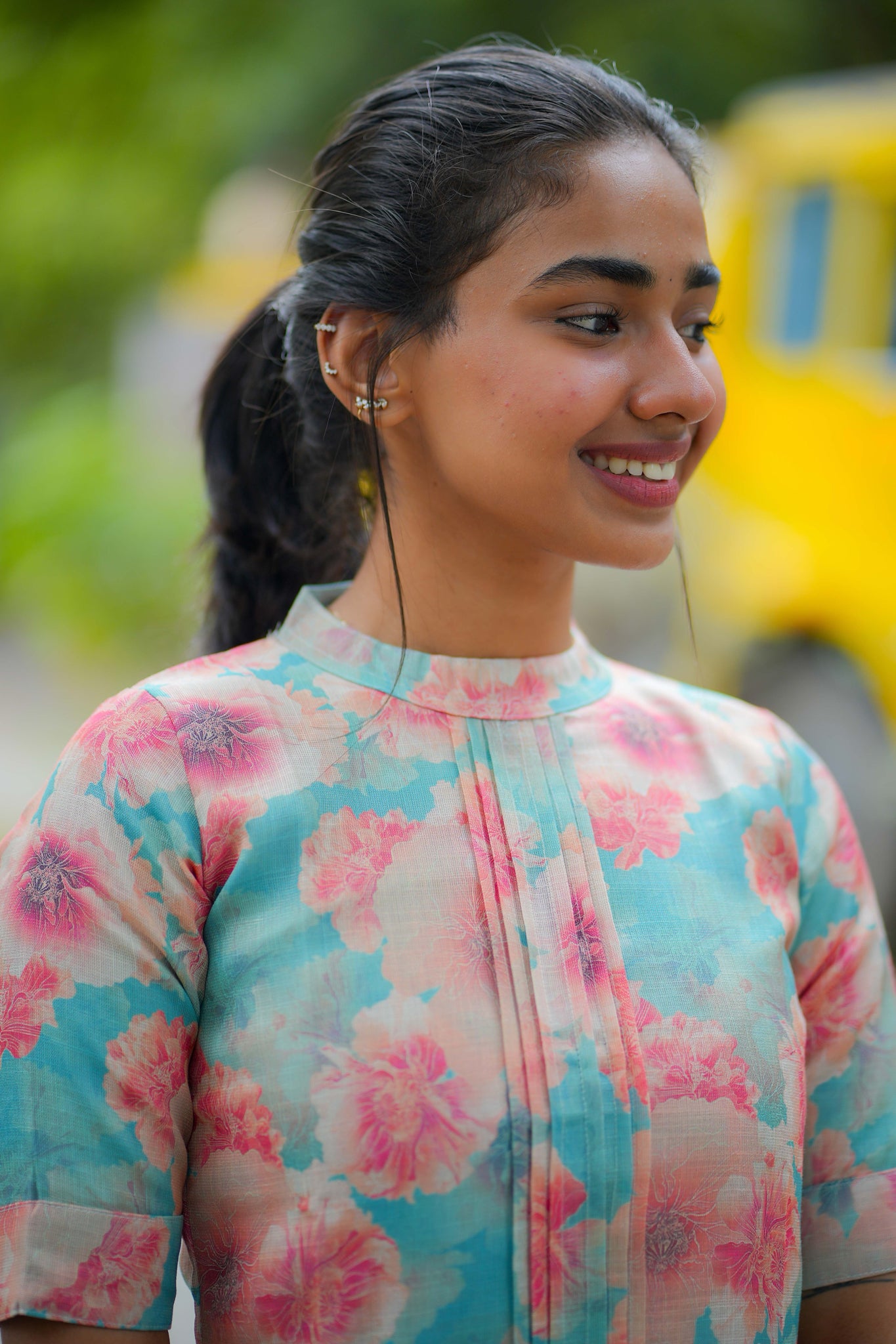 AA116 Blue Floral Linen Silk Kurti