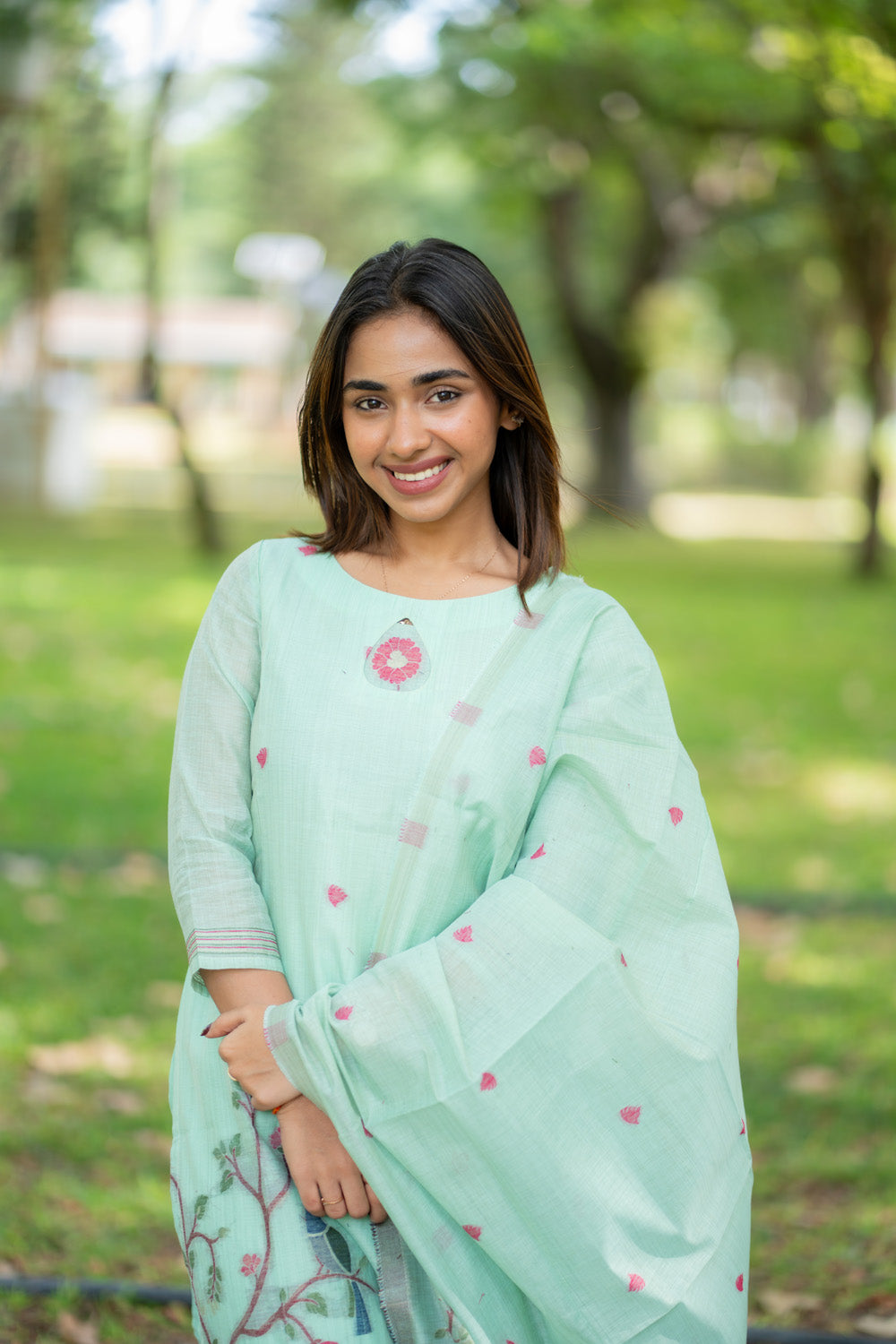 AA293 Blue Linen Jamdhani Salwar Set with beautiful Floral,Elephant,Peacock Prints
