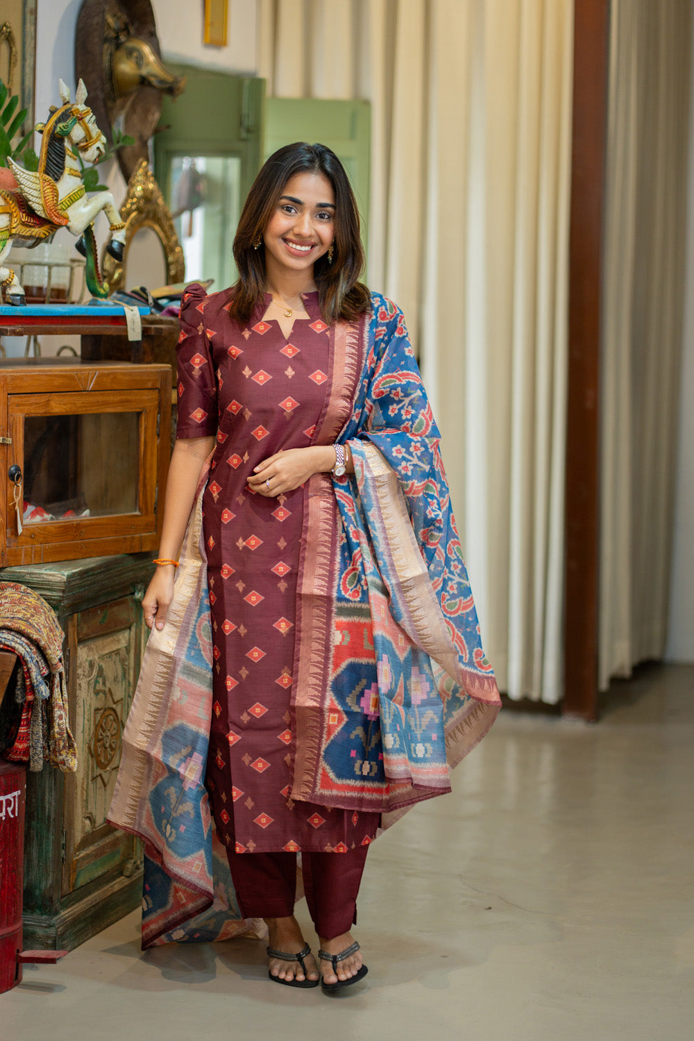 Brown with Blue combo Malai Chanderi Salwar Set with Patola Print Dupatta
