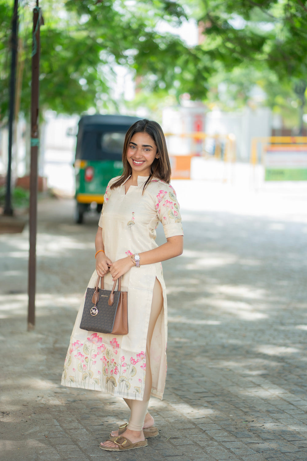 AA274 White with Golden motifs Shimmer Silk Lotus Print Kurti