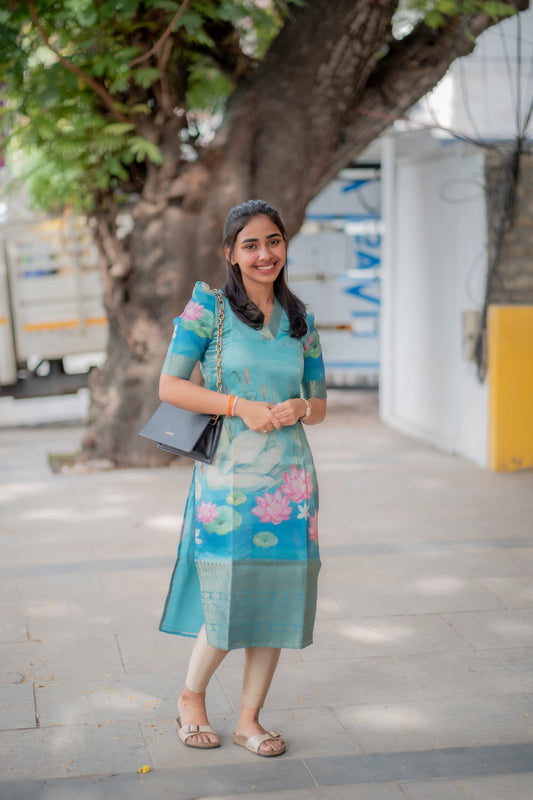 AA082 Blue Swan Tissue Silk Kurti