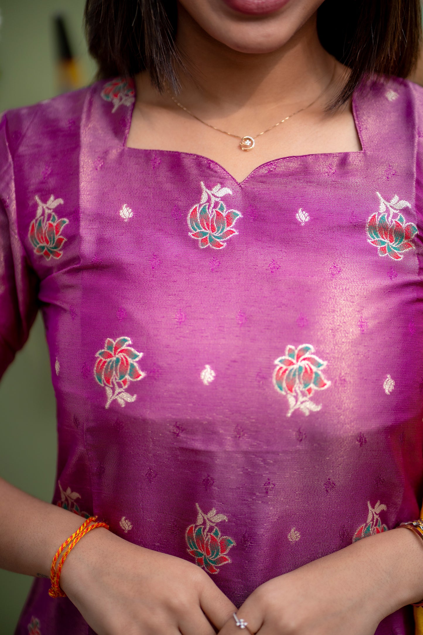 AA153 Lavender Shimmer Silk A line Kurti with Yellow Golden Motifs Dupatta