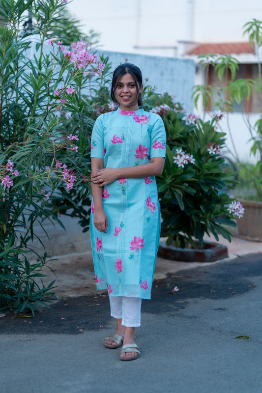 AA028 Aqua Blue Lotus Cotton Kurti