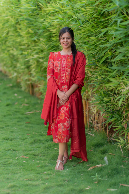 AA017 Red Shimmer Silk Top With Dupatta