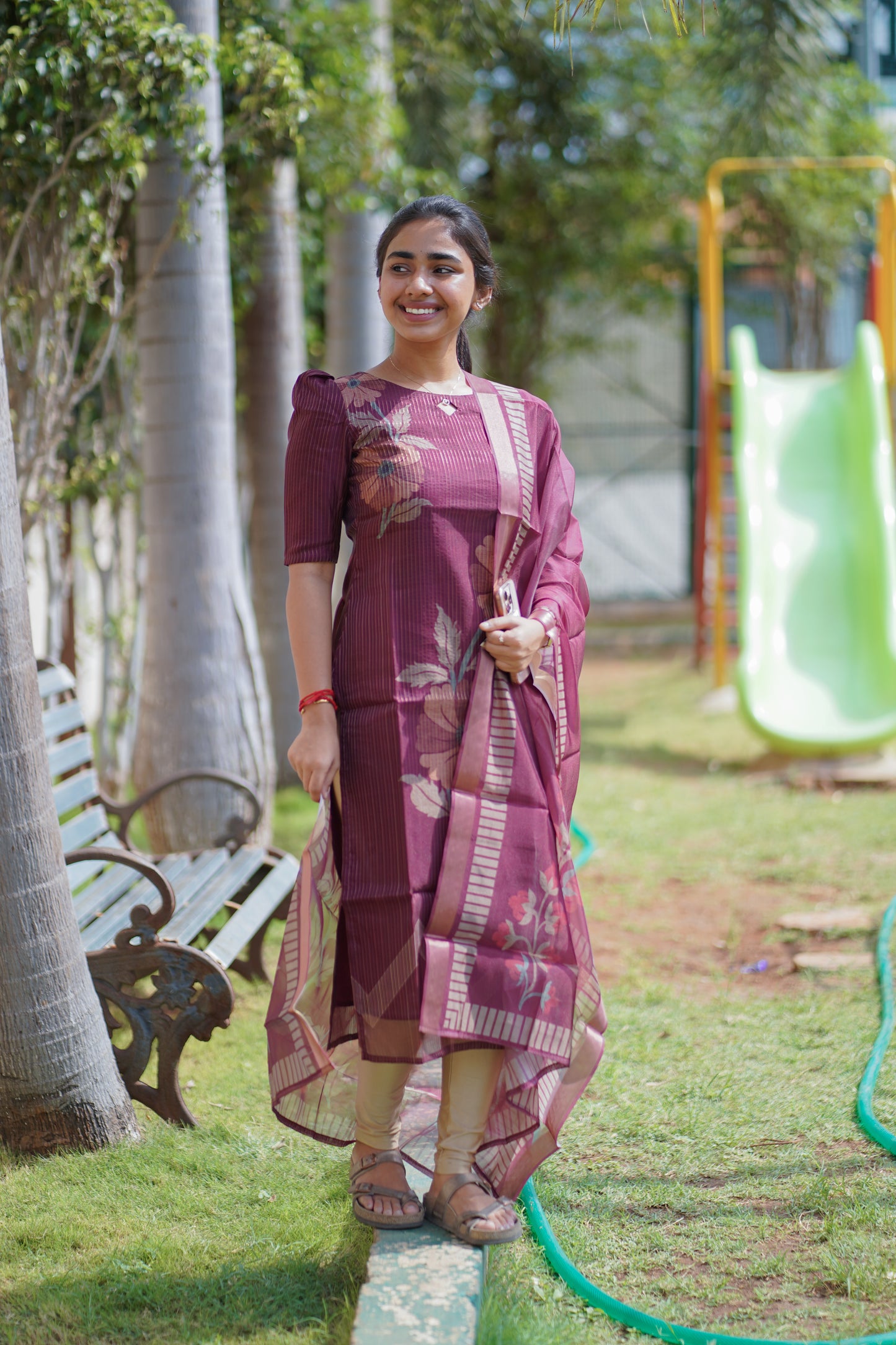 AA001 Wine Organza Kurti With Dupatta