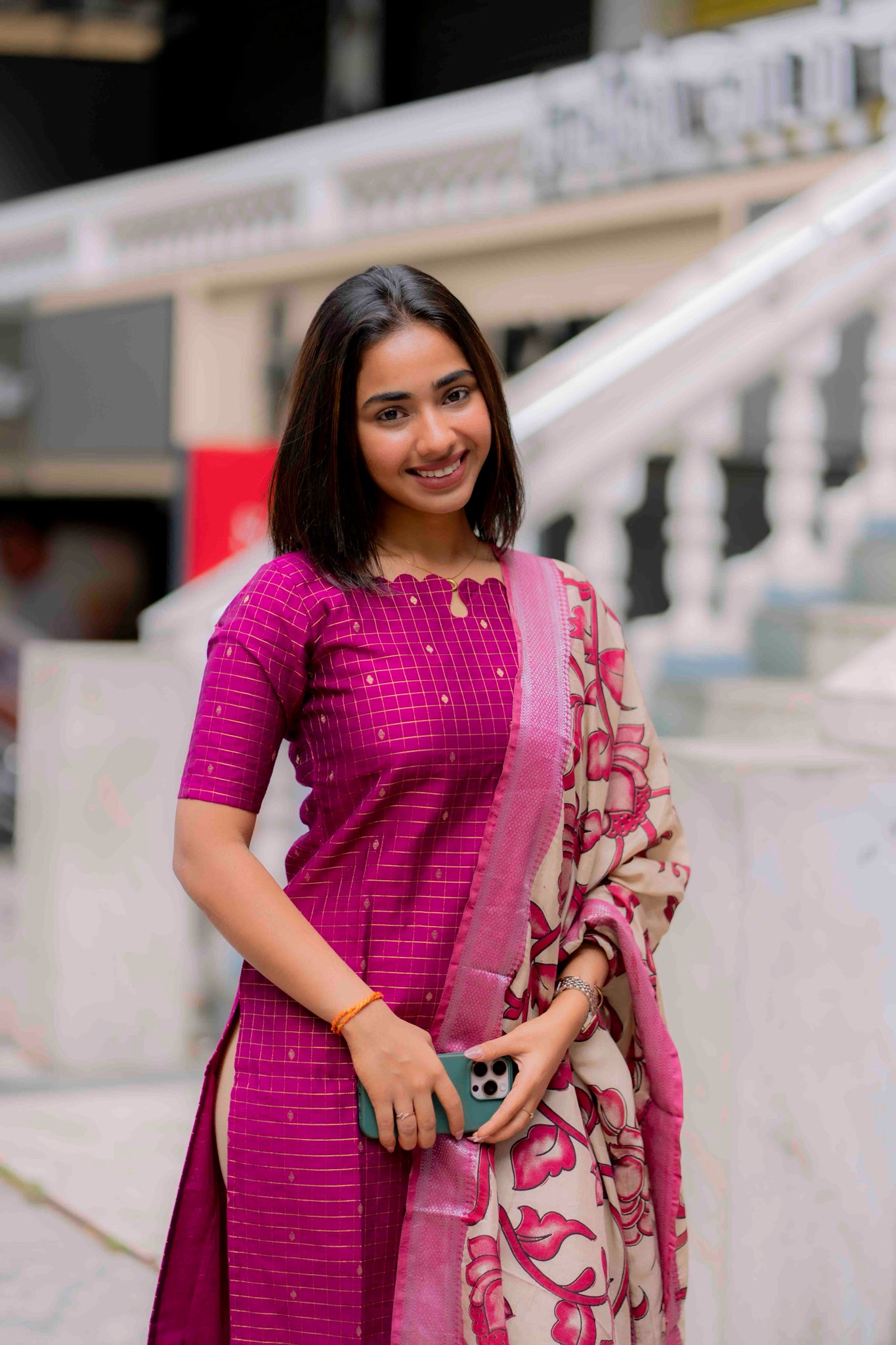 AA198 Dark Pink Raw Silk Kurti with Kalmkari Dupatta