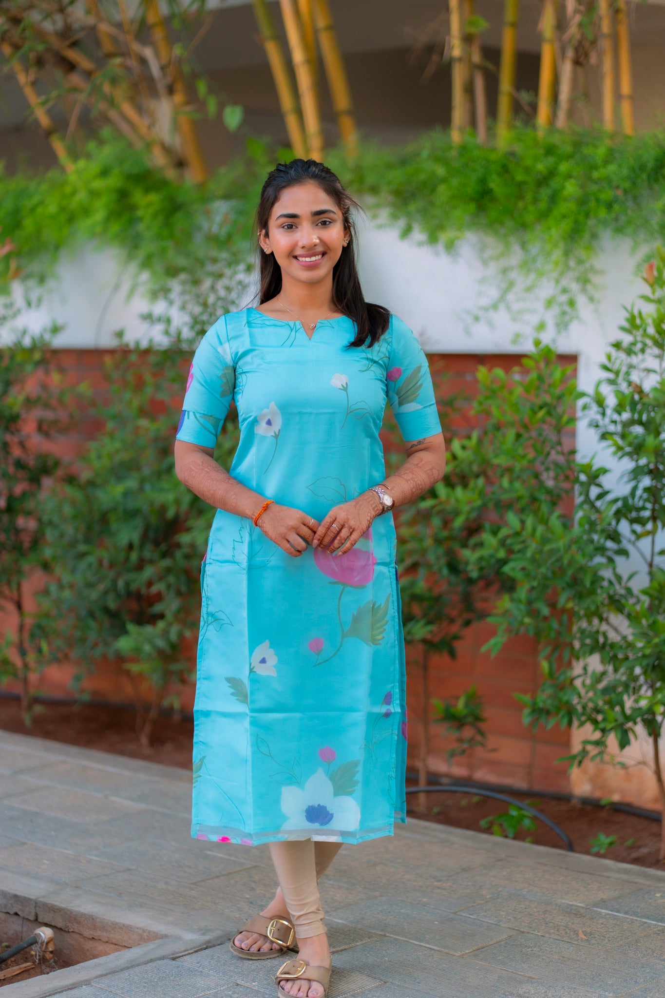 AA194 Blue Floral Organza Kurti