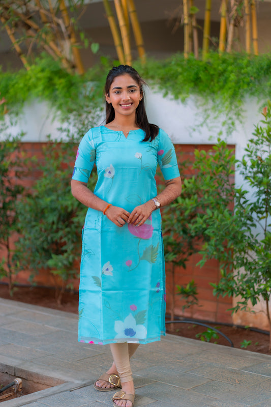 AA194 Blue Floral Organza Kurti