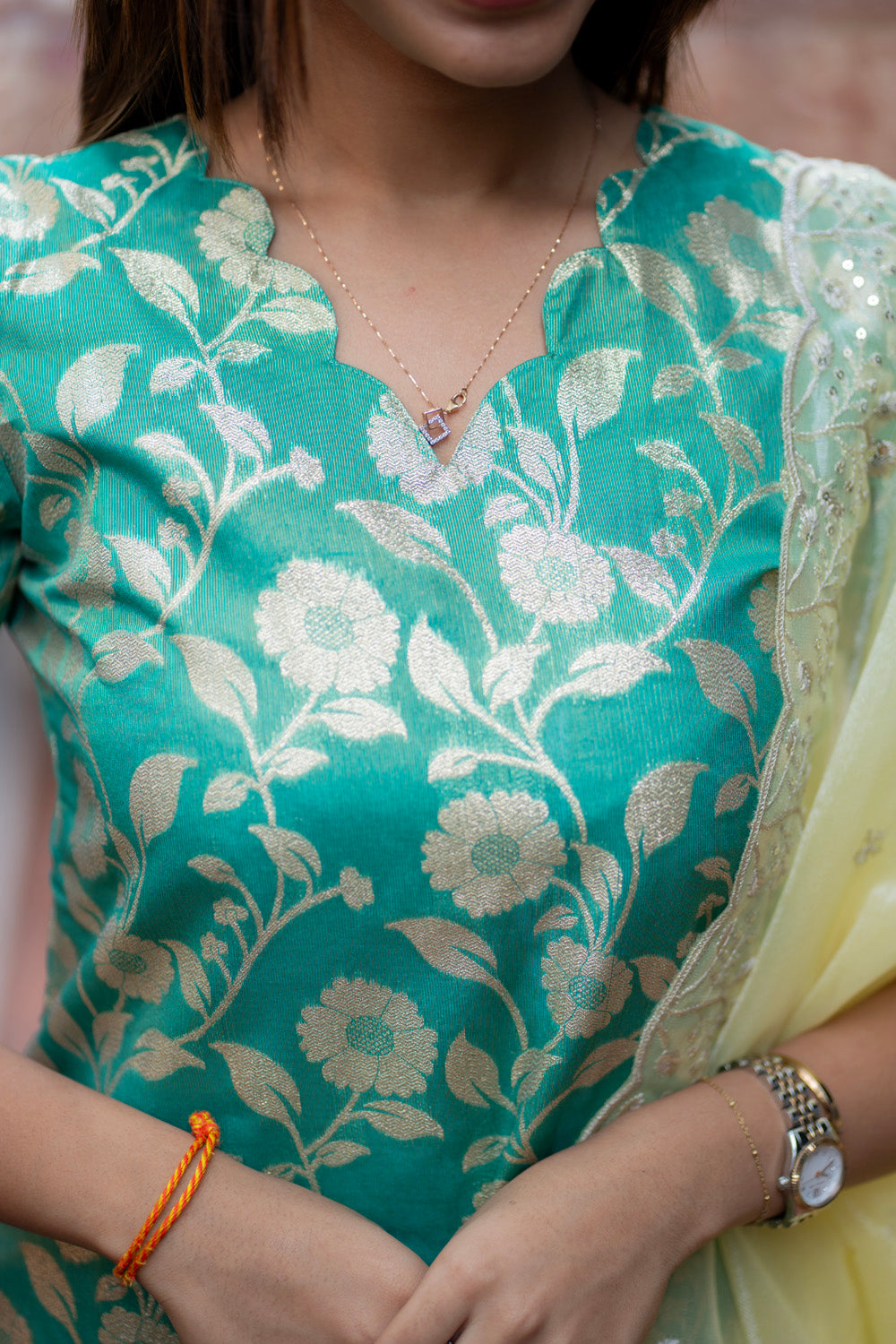 AA285 Turquoise Blue Brocade Silk Kurti With Yellow Shimmer Designer Dupatta