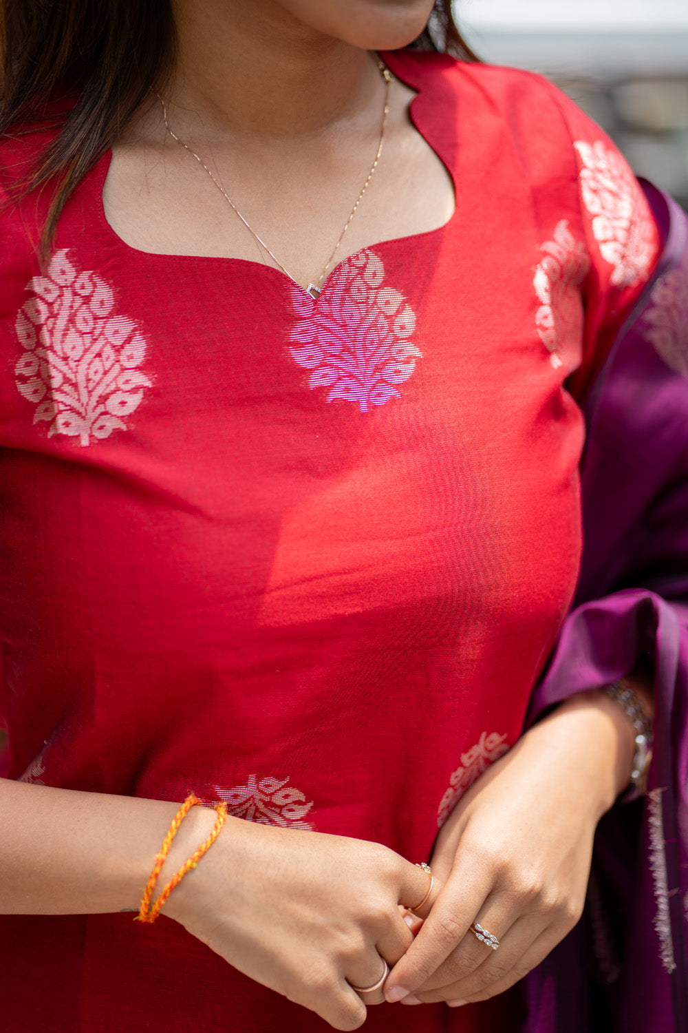 AA310 Red with Violet Combo Silk Cotton Salwar Set(with Silver Jari Design)(provided lining for top & pant)