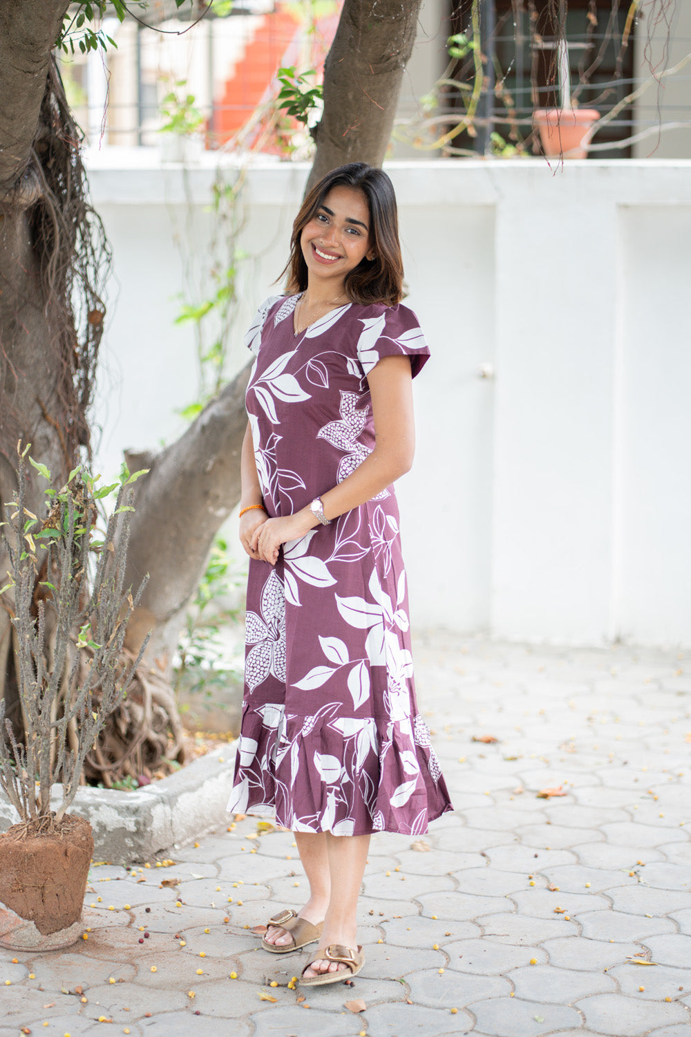 AA305 Purple Wine Floral Cotton Maxi(with Lining)
