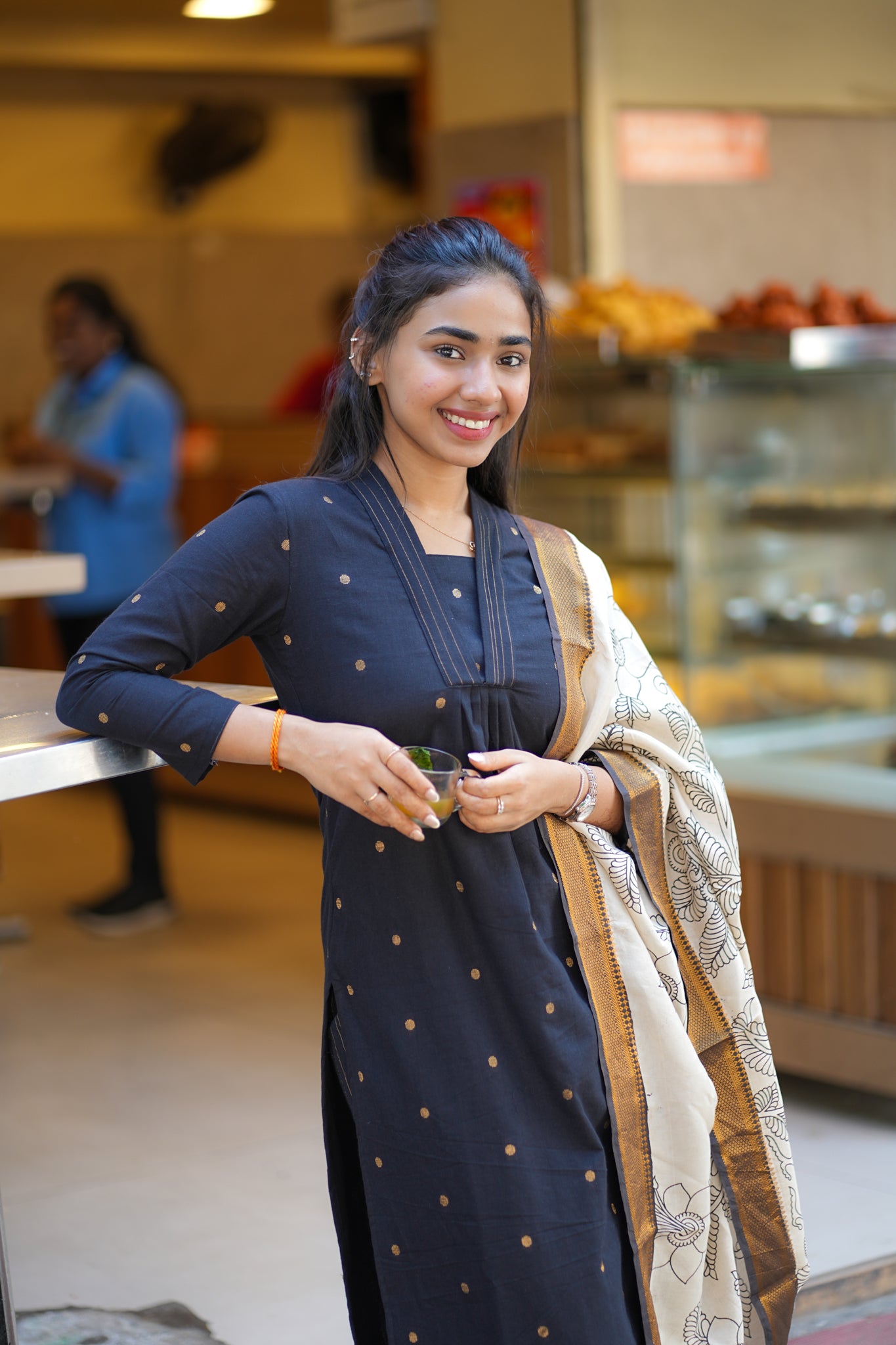 AA134 Stunning Black Raw Silk Kurti with Pant & Kalamkari Dupatta (3 PC Set )