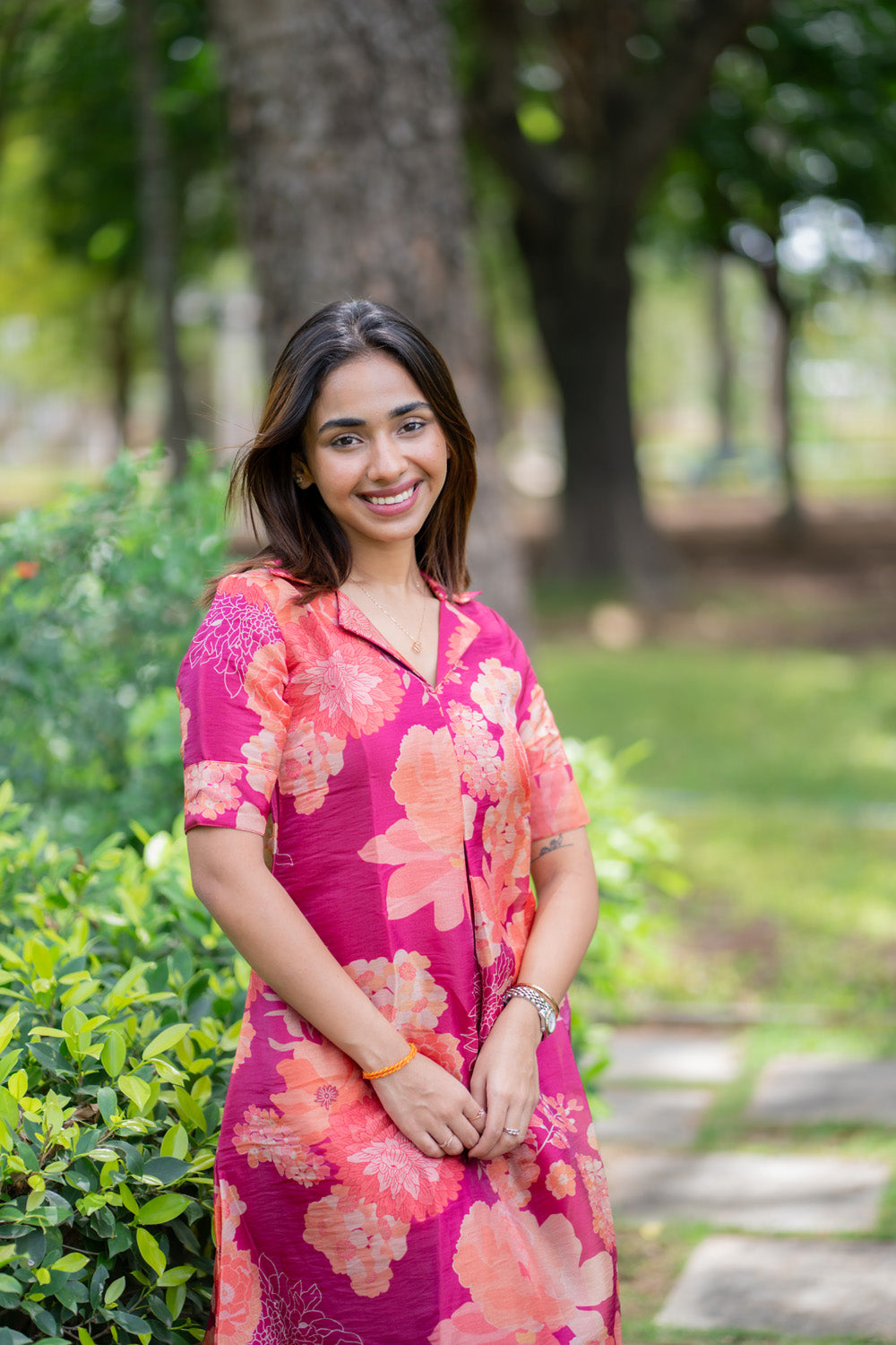 AA294 Magenta Pink Floral Chiniya Silk Aline Dress
