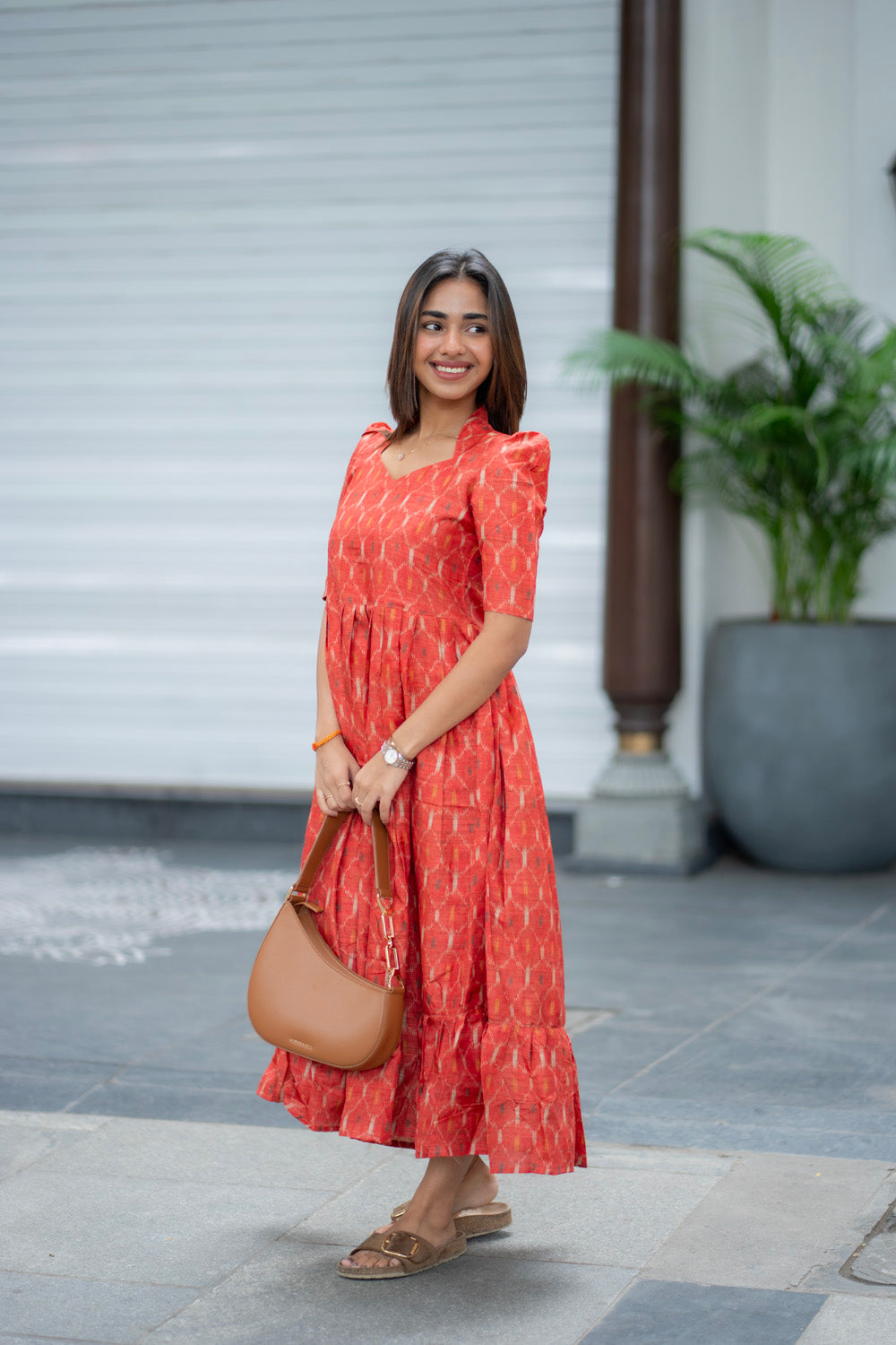 AA286 Rust Orange Ikkat Print Maxi