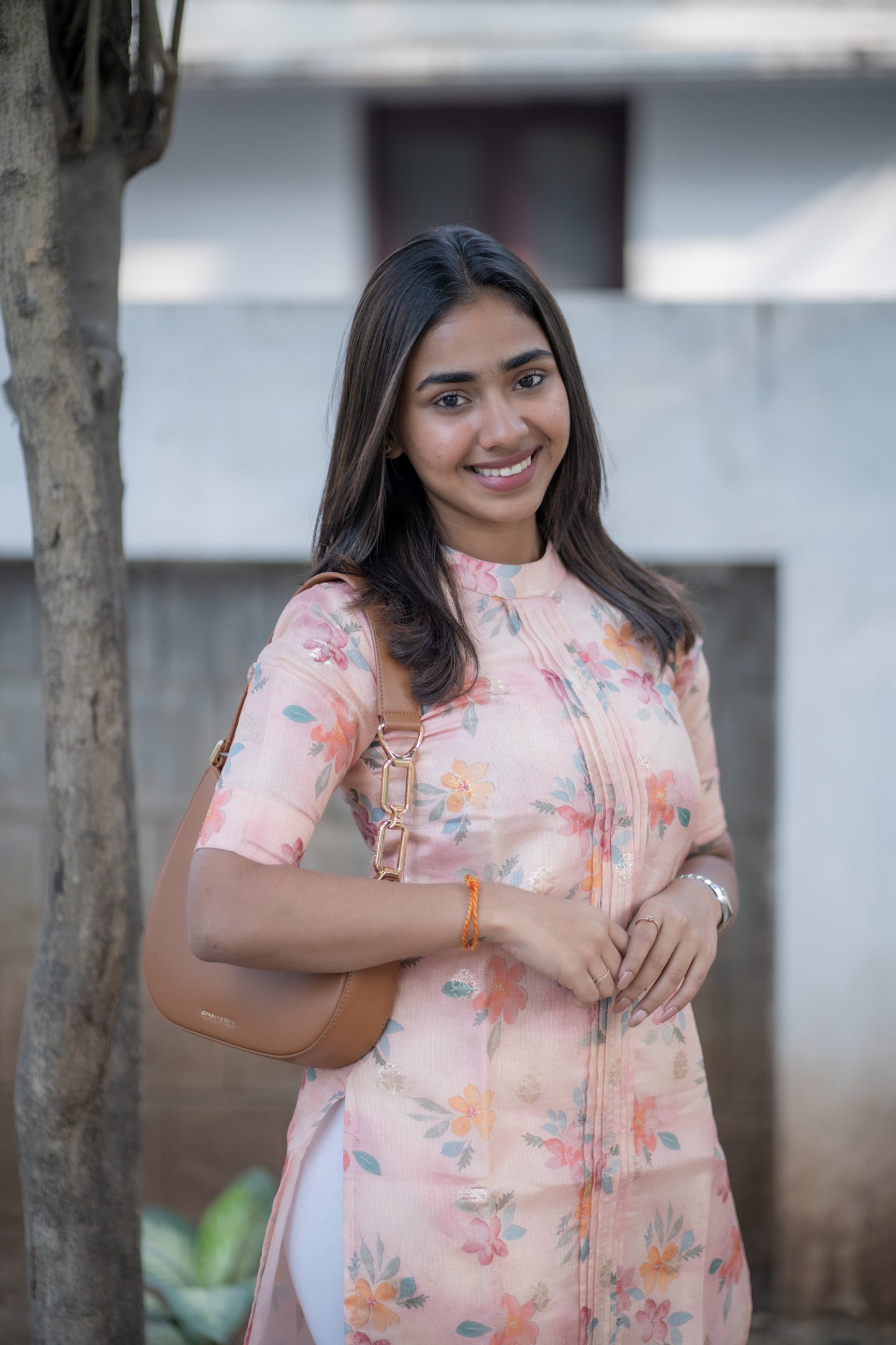 AA170 Peach Floral Kota Silk Kurti