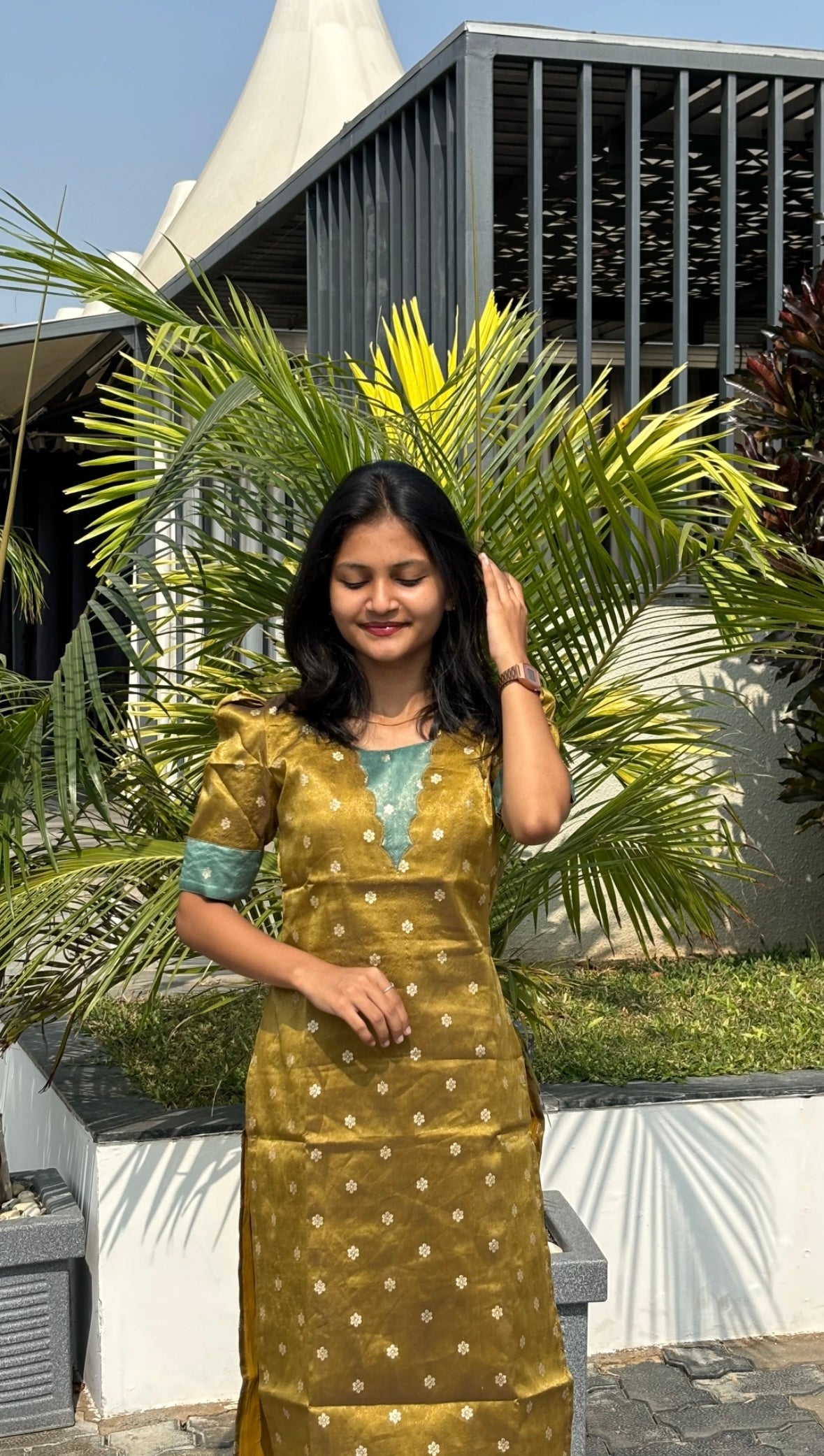 AA181 Mustard with Teal Blue Combo Shimmer Silk Kurti(Warning:Don’t Iron)