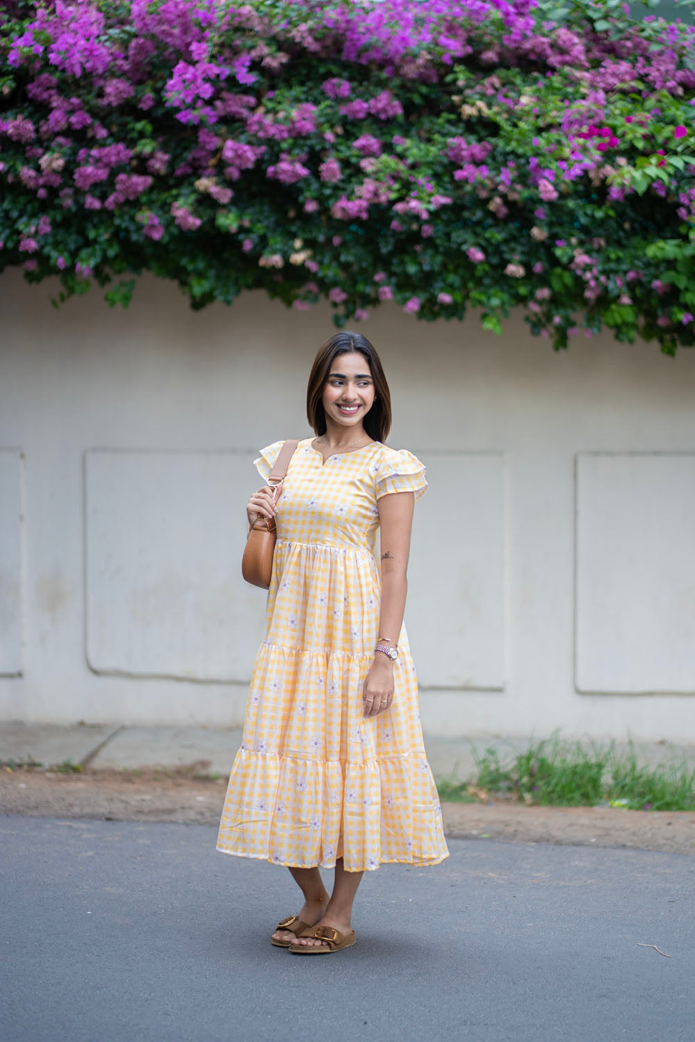AA255 Yellow Checks with Lavender Floral Maxi
