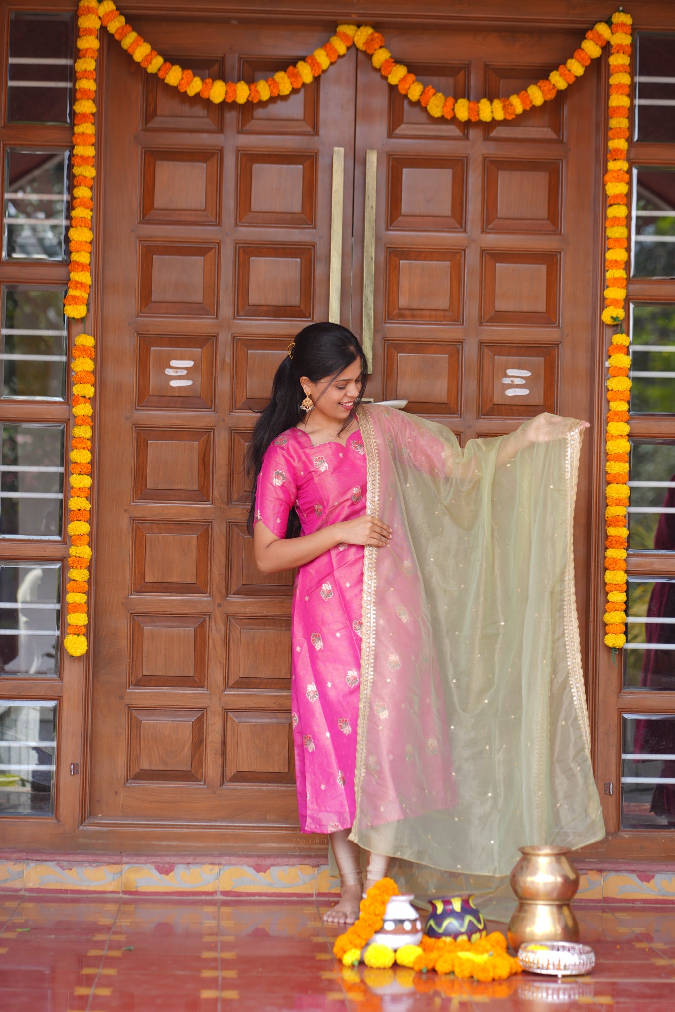 AA163 Pink Shimmer Silk A line Kurti with Pastel Green Organza Dupatta