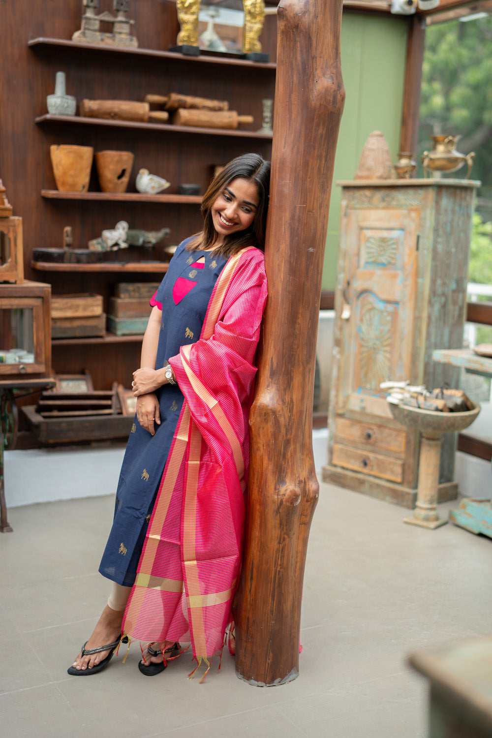 Dark Blue Raw Silk Kurti with Golden Elephant & Horse motifs Paired with Rani Pink Zari Checks Dupatta(Neck & sleeve patched with Rani pink Silk fabric)