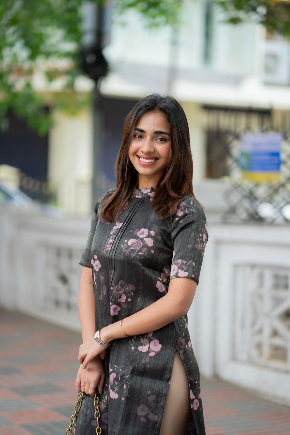 AA287 Black with Lavender Floral Shimmer Silk Kurti