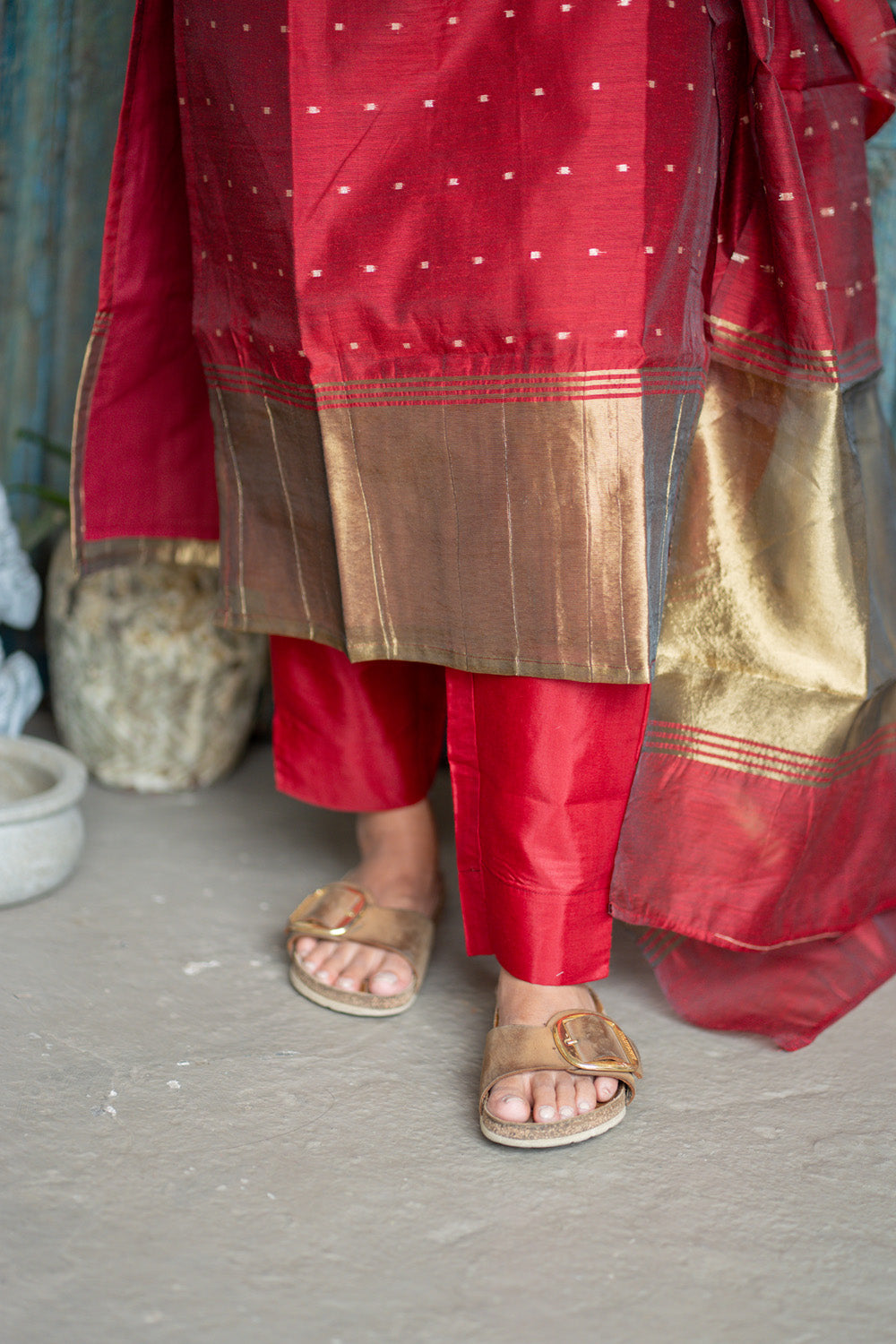 AA304 Plum Red Chanderi Silk Salwar Set with Scallop Neck (Rich & Classy Outfit with Golden Border & Golden Motifs)