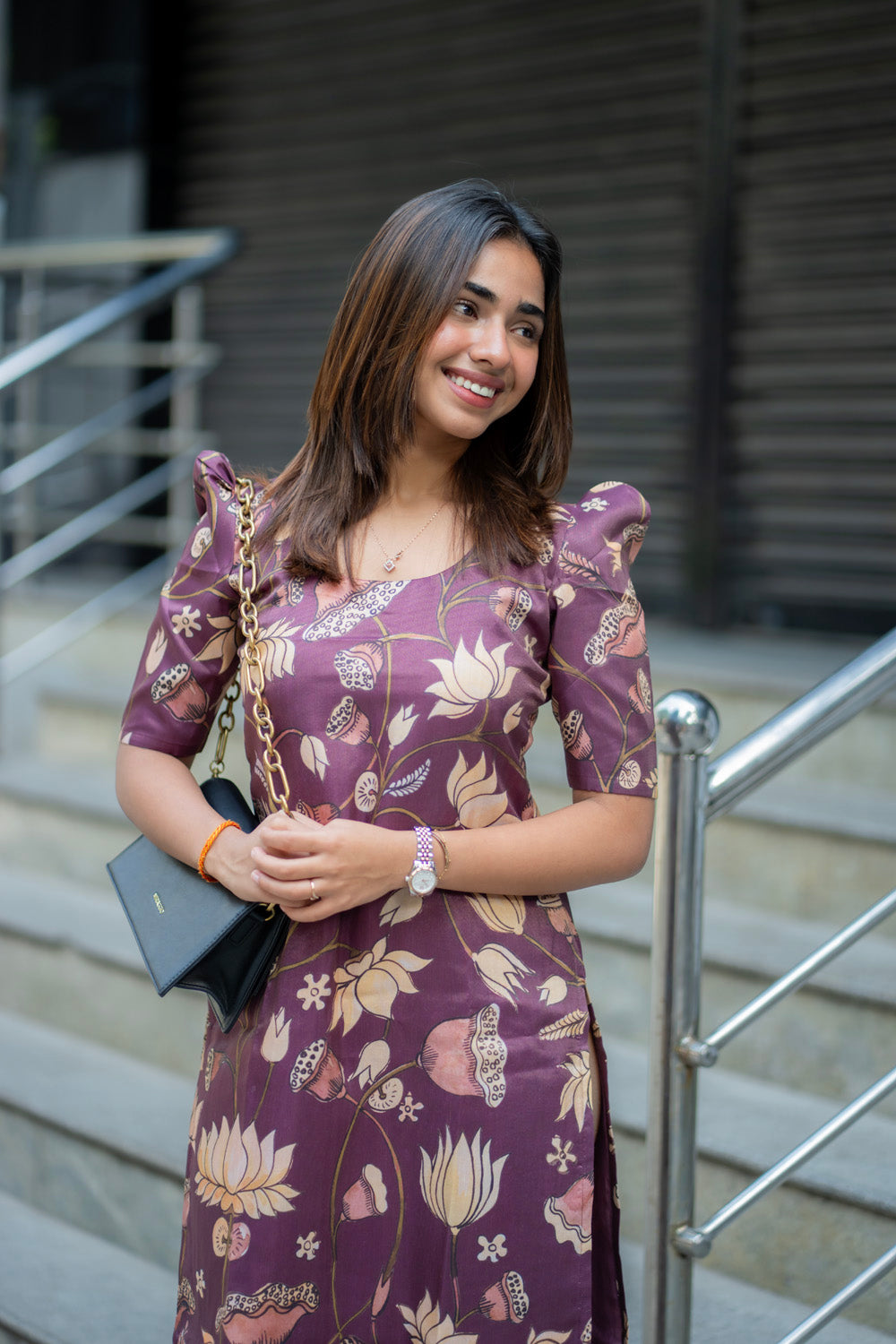 AA272 Wine Muslin Shimmer Floral Kurti