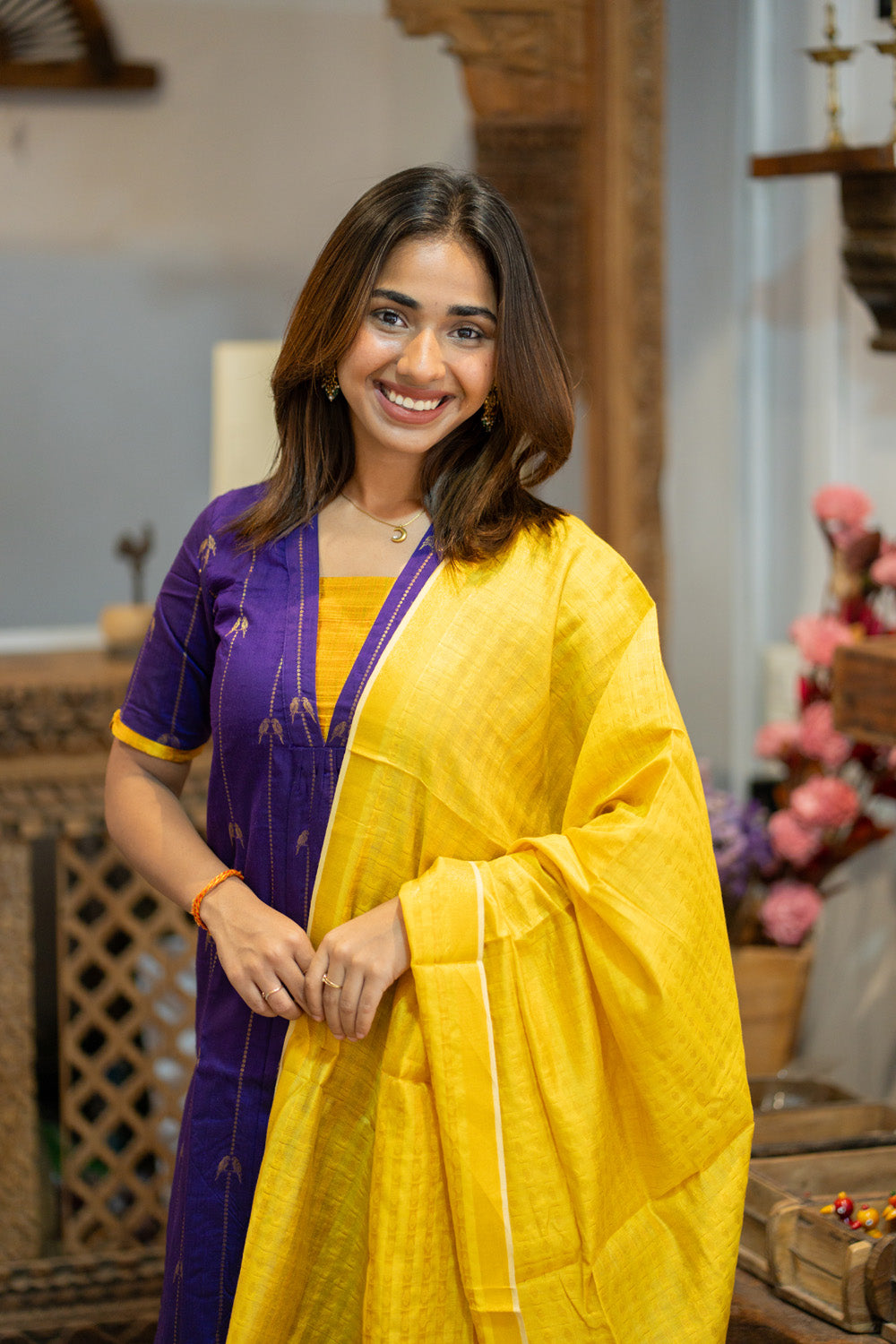 AA309 Violet Parrot Print Raw Silk Kurti & Pant  with Yellow Silk Dupatta (Neck & Sleeve Patched with Yellow Silk Fabric)