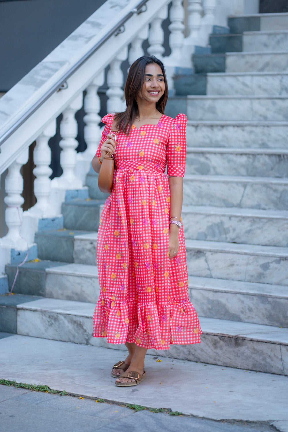 AA269 Red Checks Floral Kota Maxi