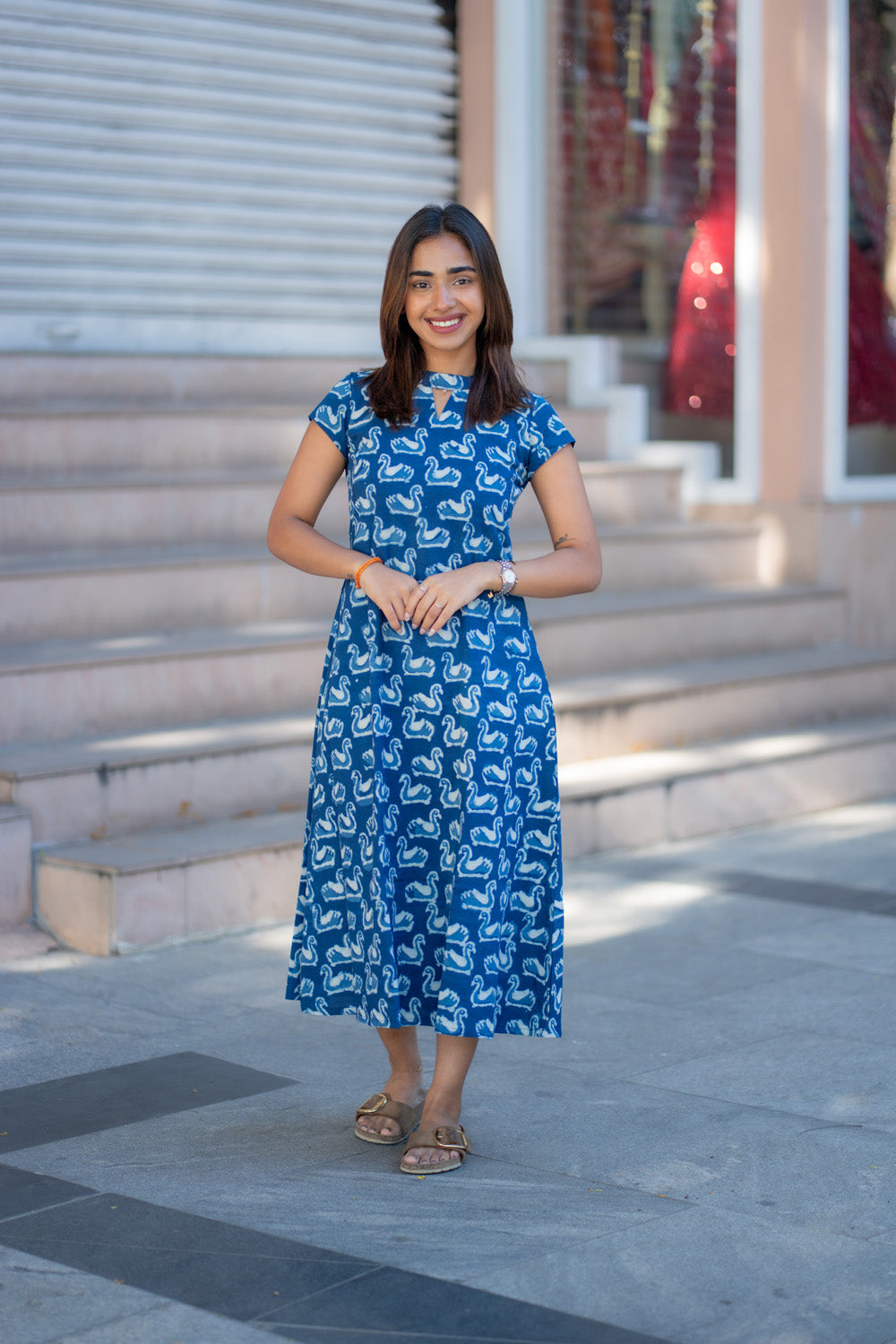 AA265 Indigo Blue Swan Print Cotton Aline Dress