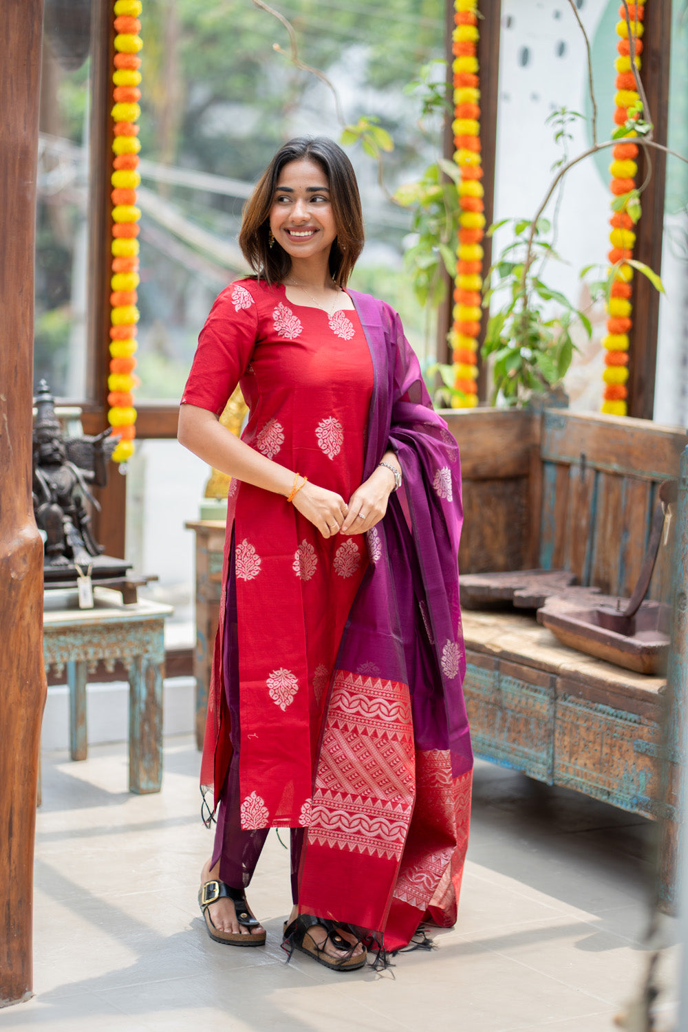 AA310 Red with Violet Combo Silk Cotton Salwar Set(with Silver Jari Design)(provided lining for top & pant)
