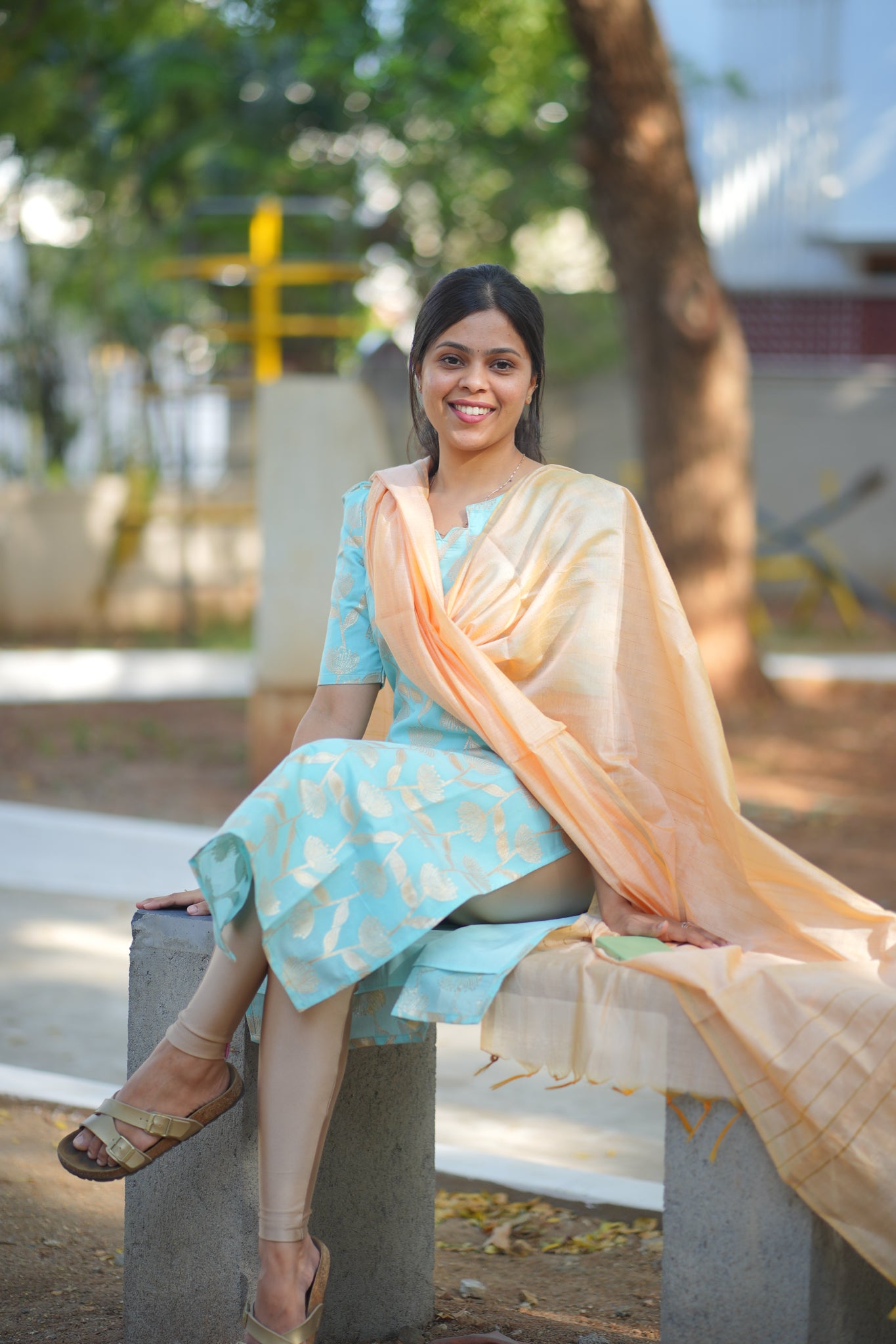 AA109 Blue with Peach Silk Kurti with Dupatta