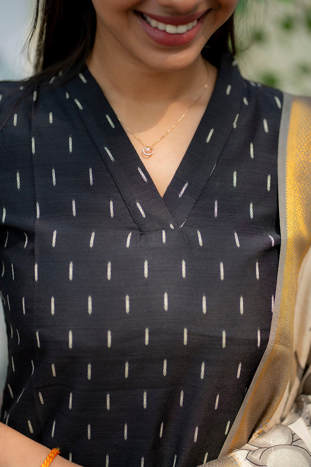 AA205 Black Raw Silk Kurti with Kalmkari Dupatta
