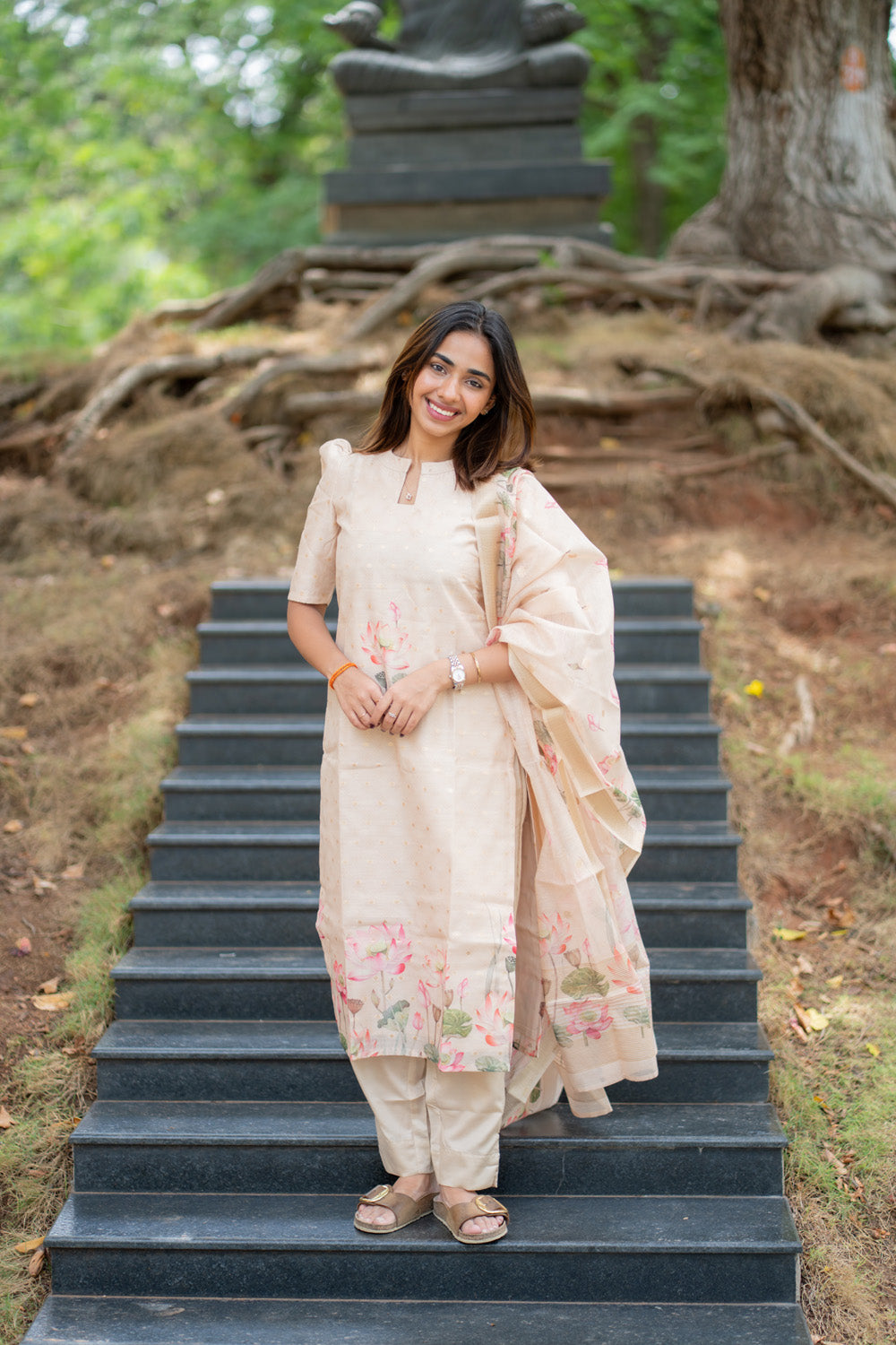 AA290 Beige Colour Lotus Print Banarasi weaves Shimmer Silk Salwar Set