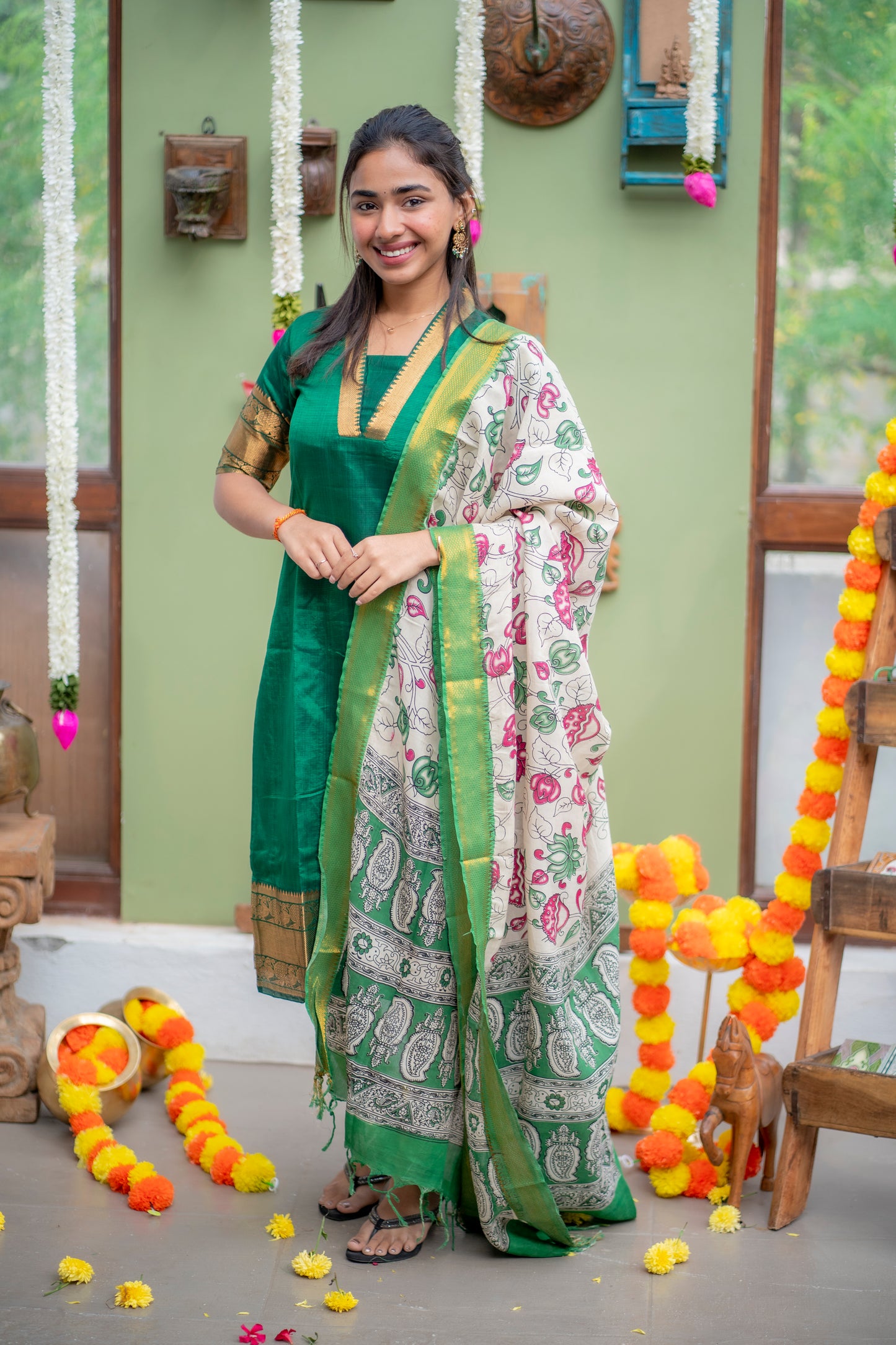 AA150 Dark Green Pure Mangalagiri Silk Kurti with kalamkari Dupatta