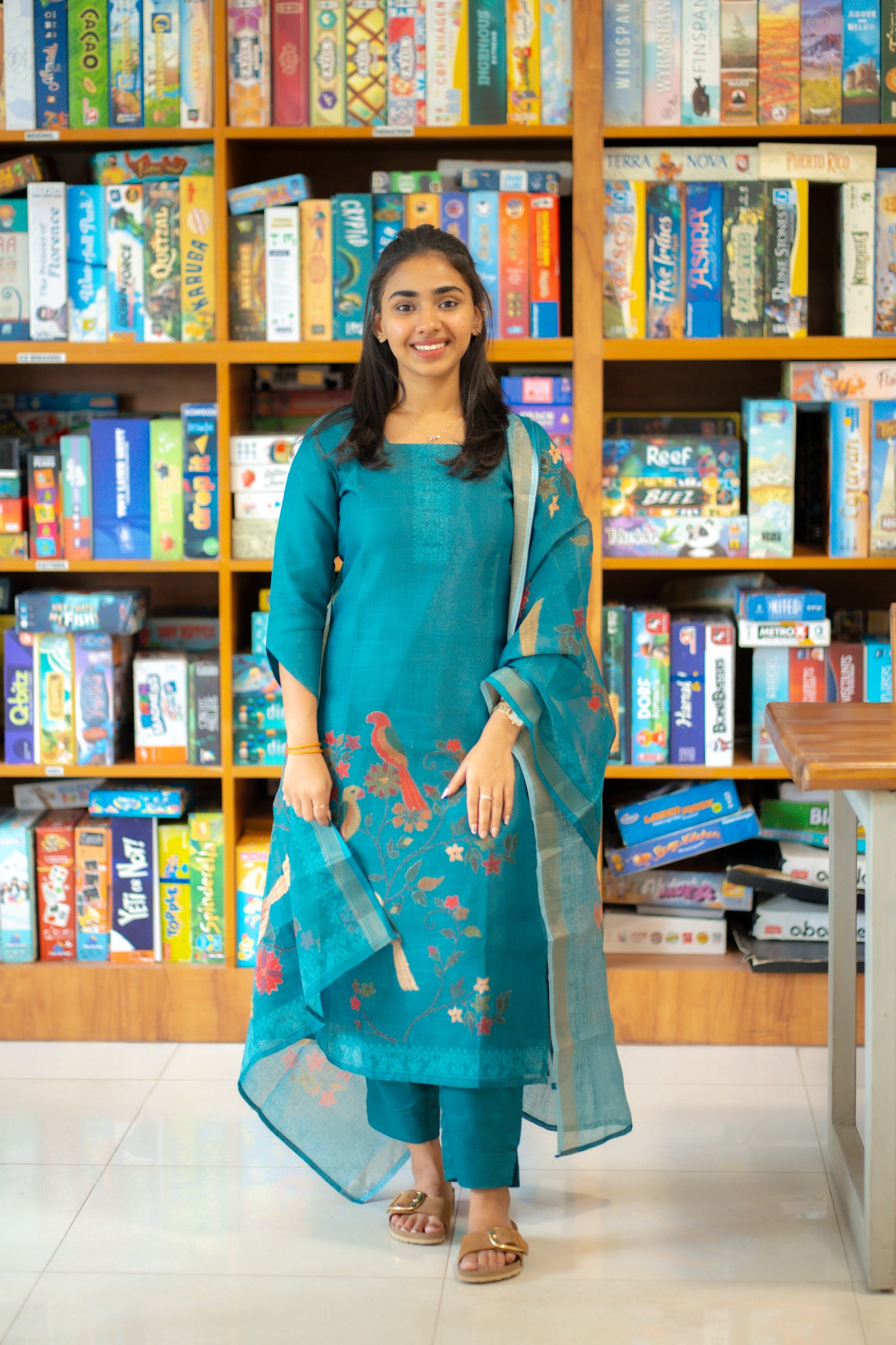 AA146 Peacock Blue Handloom Tissue Silk 3 pc Set(Parrot Design)